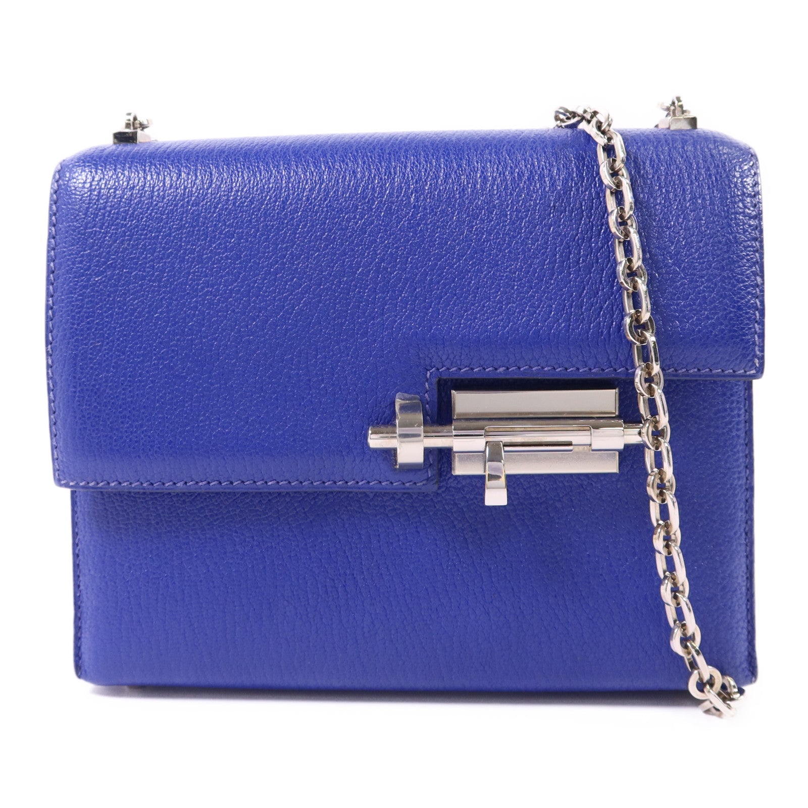 HERMES Chevre皮革Verrou Mini銀扣鏈帶肩背袋Bleu Electrique