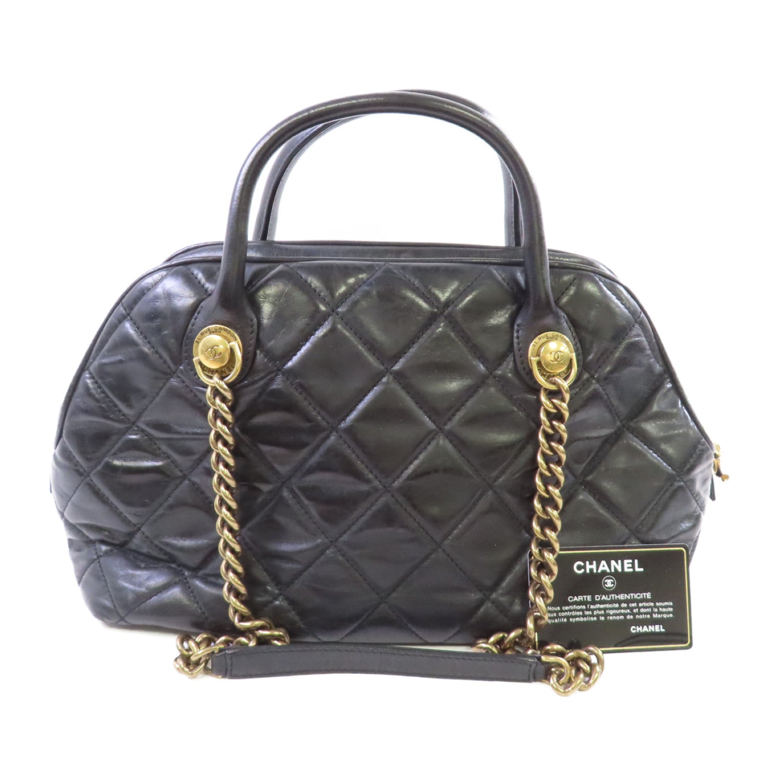 CHANEL 牛皮皮革2Way Chain Shoulder Bag金扣鏈帶手挽肩背袋兩用袋黑色