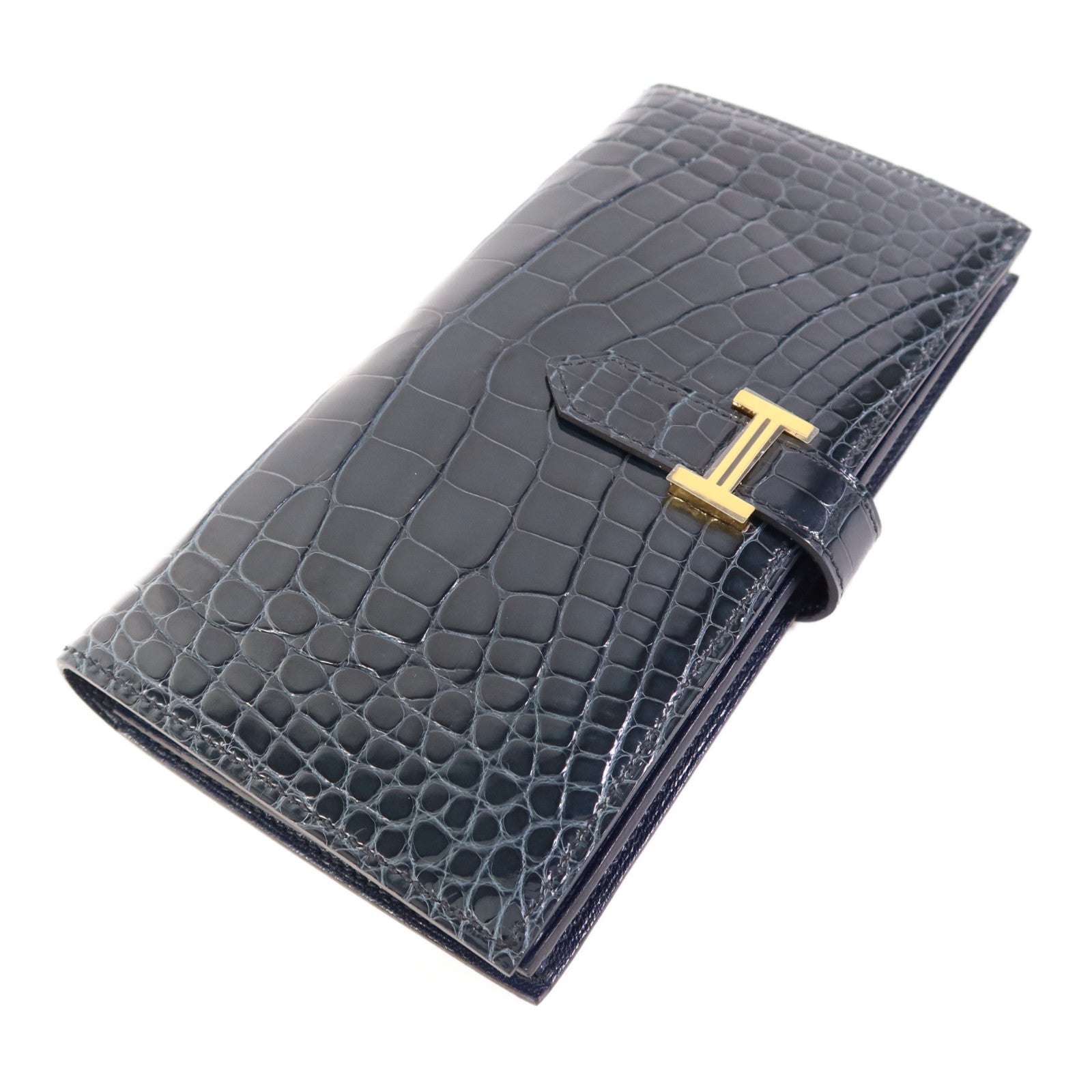 HERMES 鱷魚皮革Bearn Long Wallet金扣長錢包Bleu Indigo