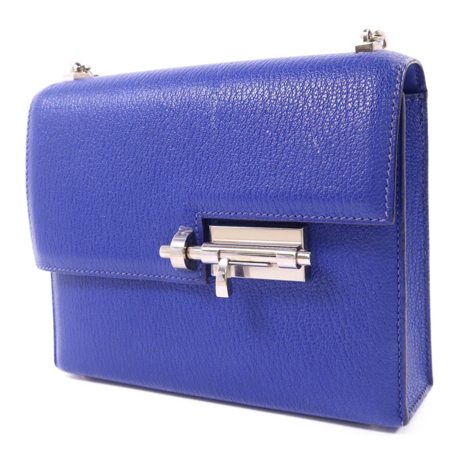 HERMES Chevre皮革Verrou Mini銀扣鏈帶肩背袋Bleu Electrique