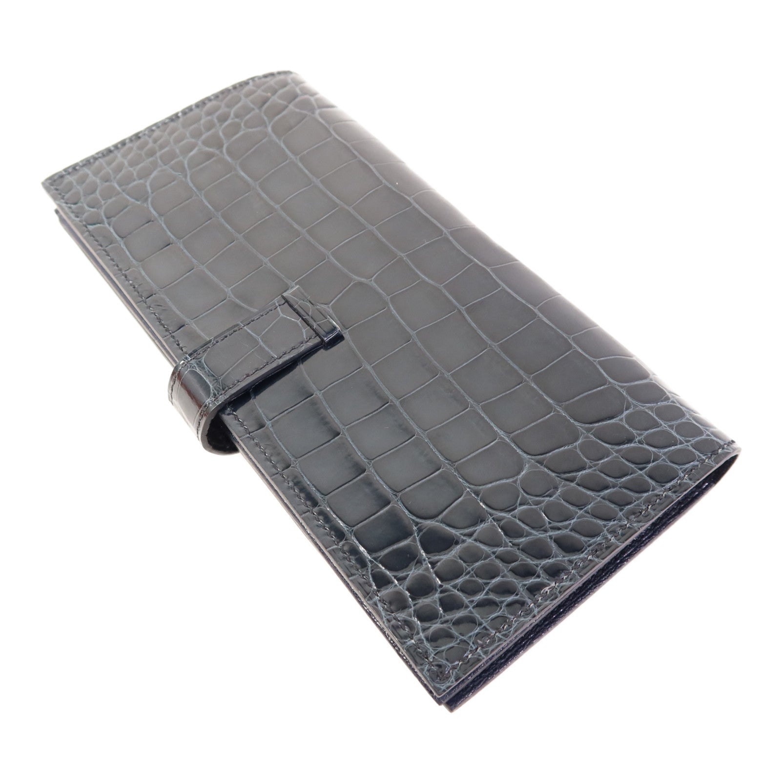 HERMES 鱷魚皮革Bearn Long Wallet金扣長錢包Bleu Indigo