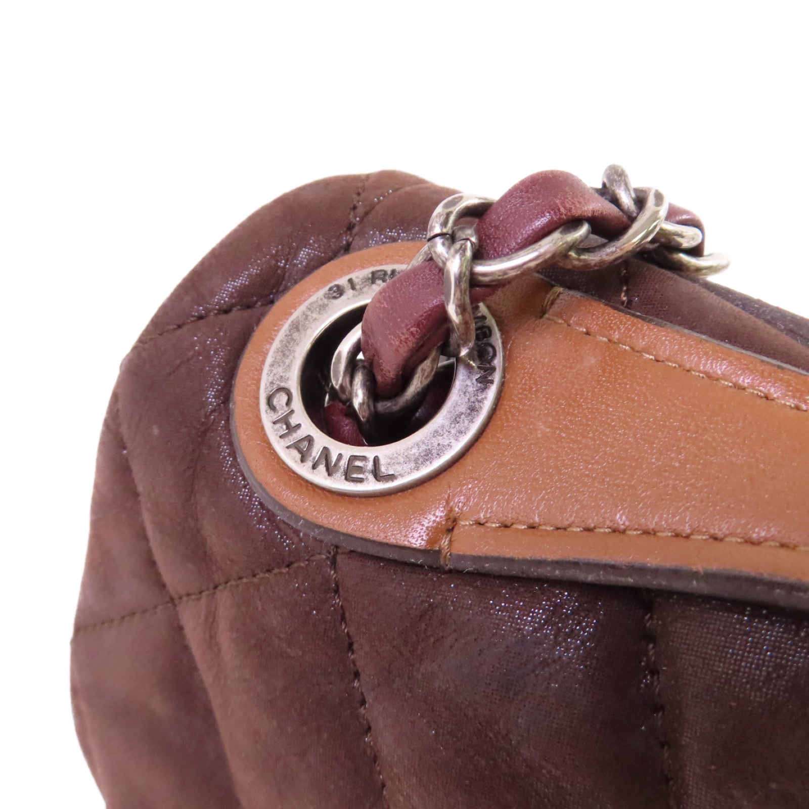 CHANEL 菱格牛皮皮革Chain Shoulder Bag銀扣鏈帶肩背袋啡色