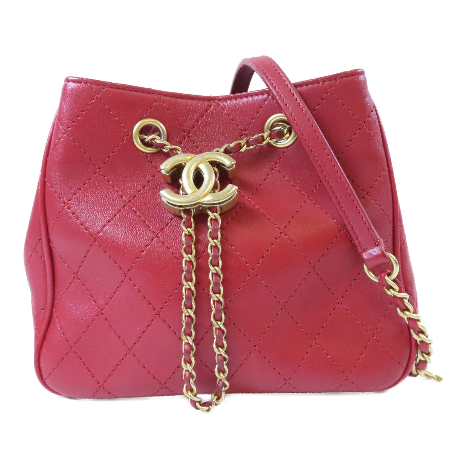 CHANEL 菱格牛皮皮革Chain Shoulder金扣鏈帶肩背袋紅色
