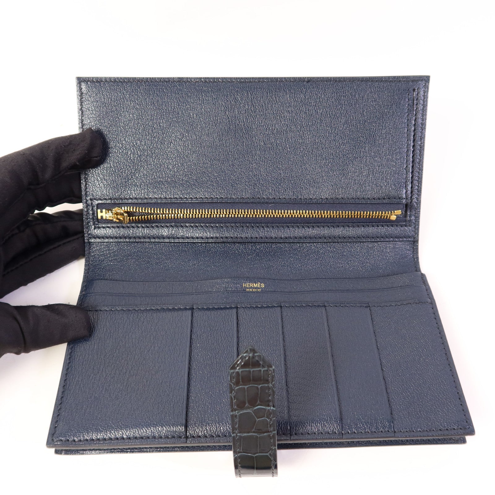 HERMES 鱷魚皮革Bearn Long Wallet金扣長錢包Bleu Indigo