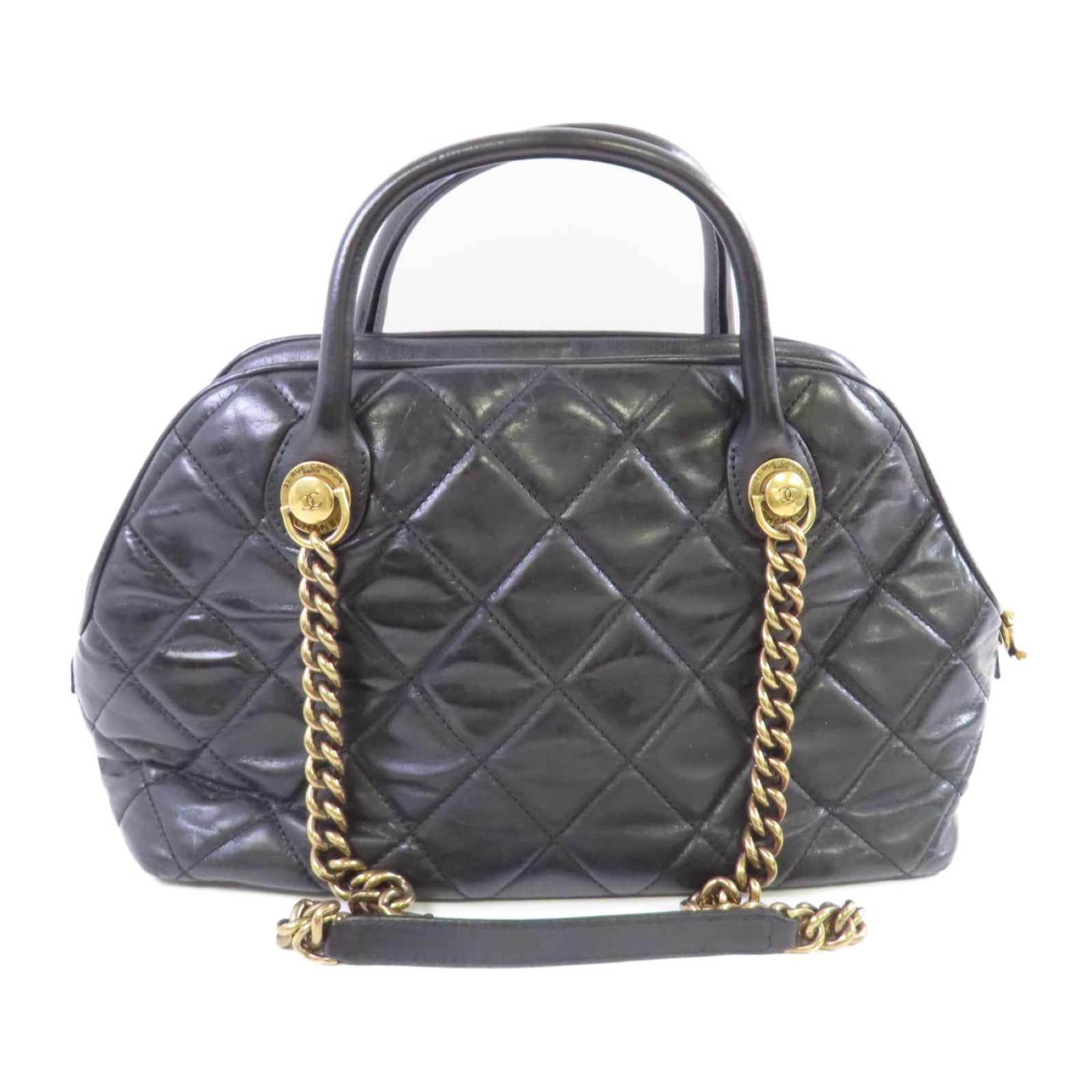 CHANEL 牛皮皮革2Way Chain Shoulder Bag金扣鏈帶手挽肩背袋兩用袋黑色