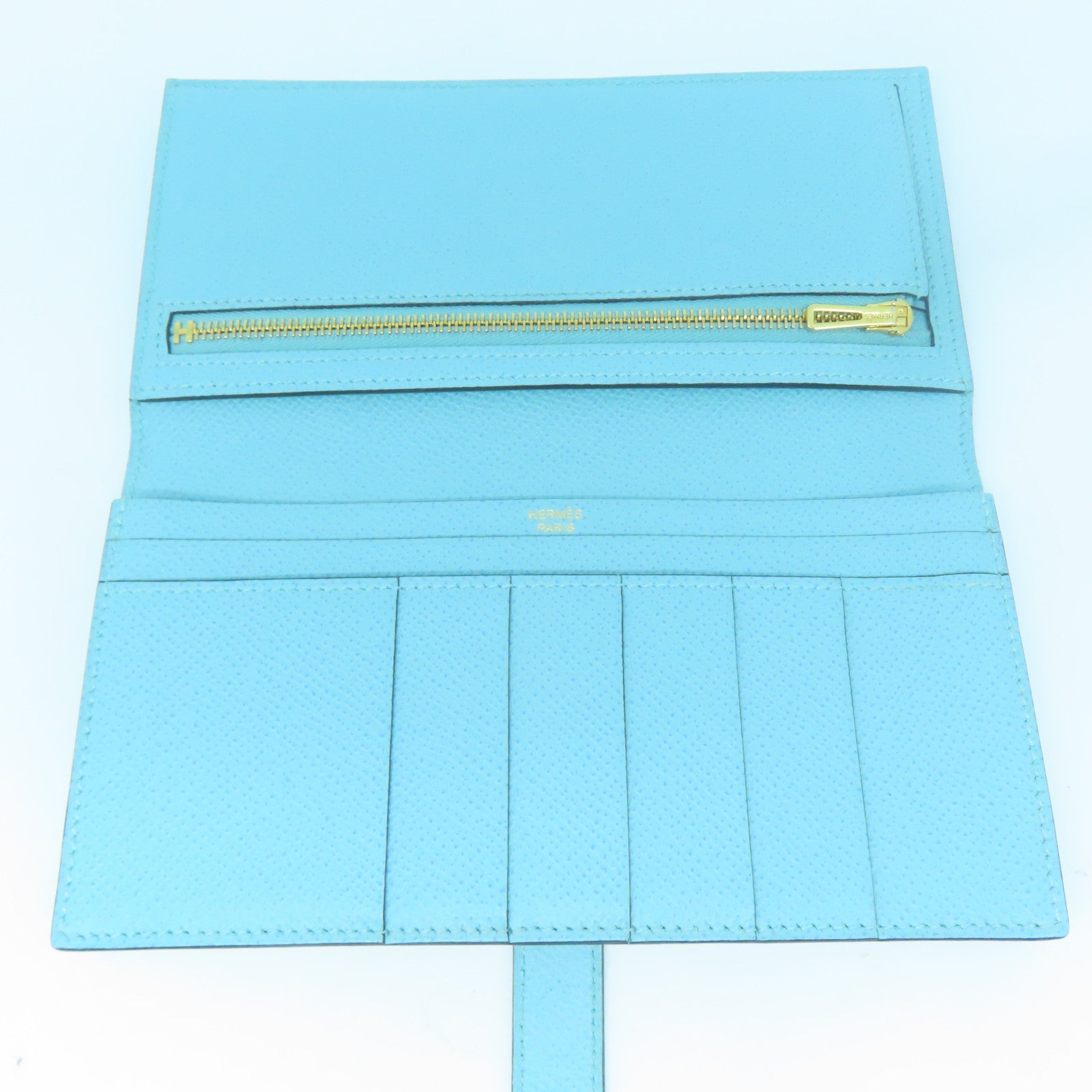 HERMES 【激減優惠】 Epsom皮革Bearn Long Wallet金扣長錢包Bleu Atoll環礁藍色