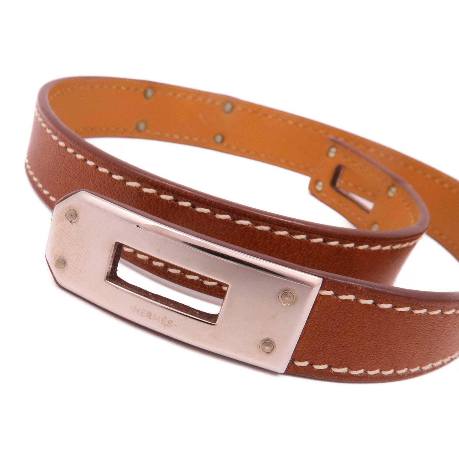 HERMES Swift皮革Kelly Double Tour Bracelet銀扣手鏈Brown