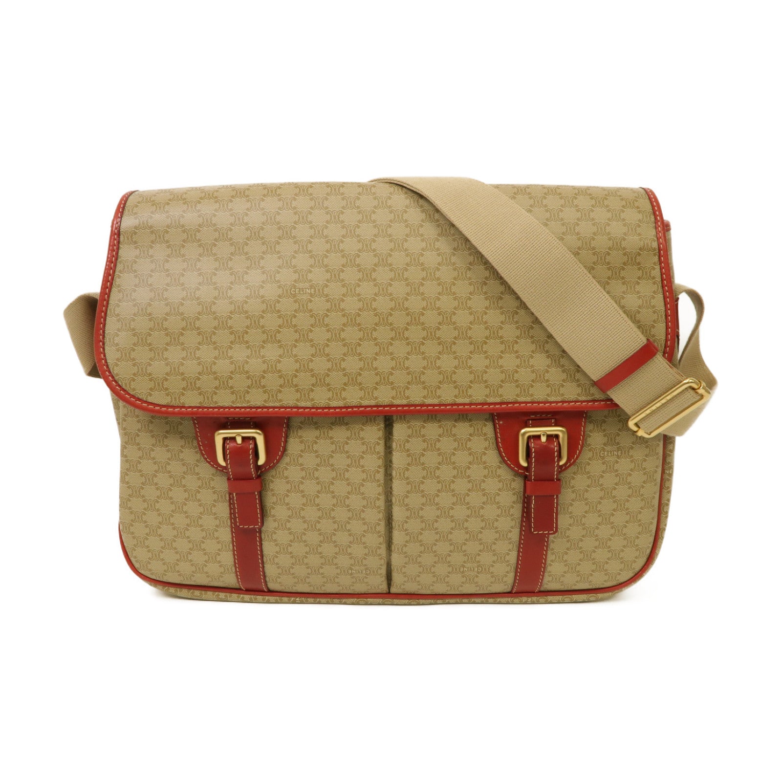 CELINE 塗層帆布Shoulder Bag金扣肩背袋紅色/米色