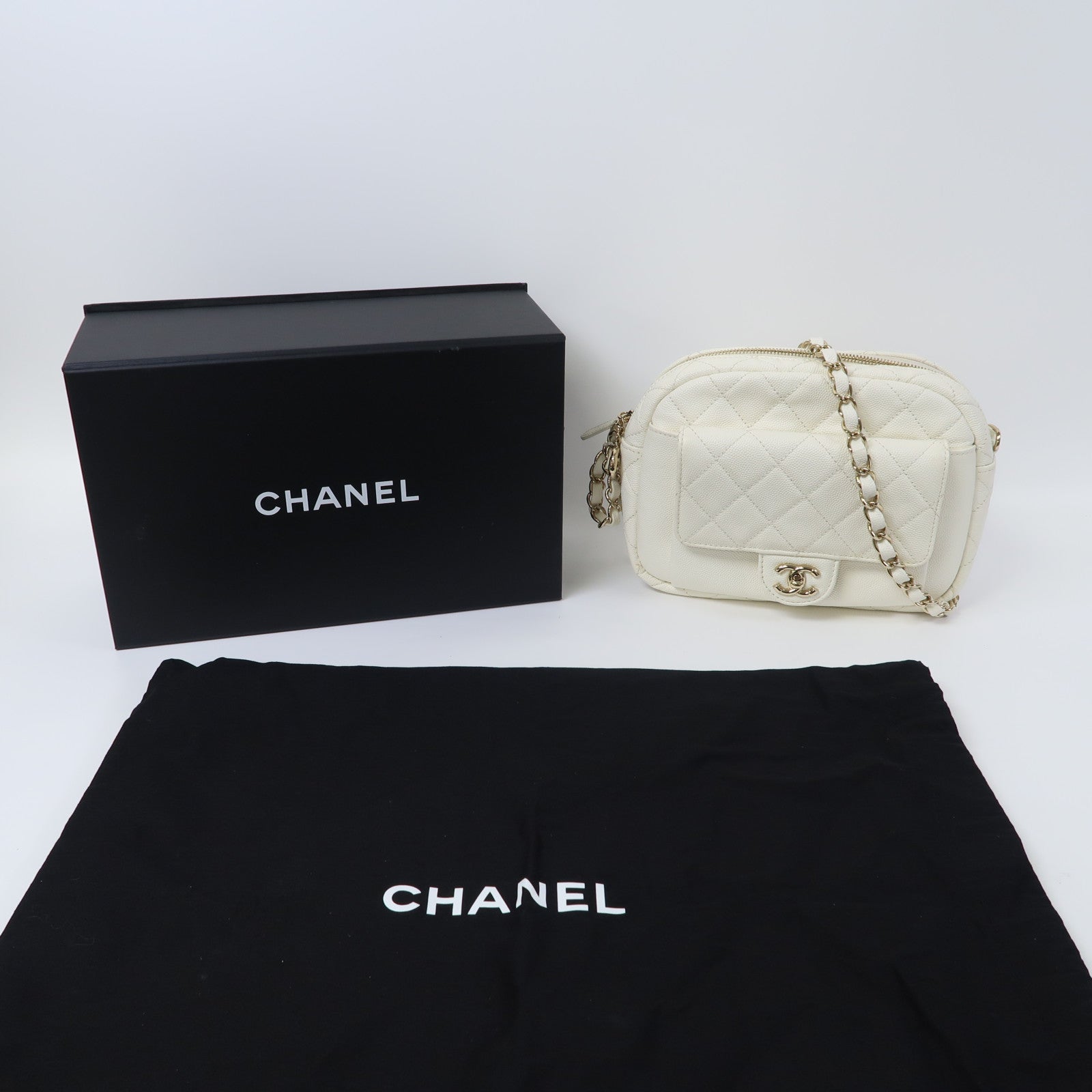 CHANEL 【激減優惠】菱格Caviar皮革Chain Shoulder Bag金扣鏈帶肩背袋白色