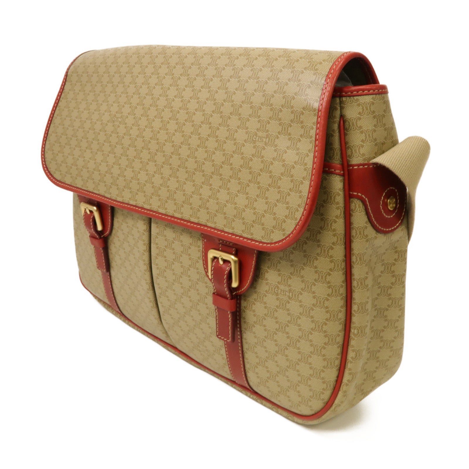 CELINE 塗層帆布Shoulder Bag金扣肩背袋紅色/米色