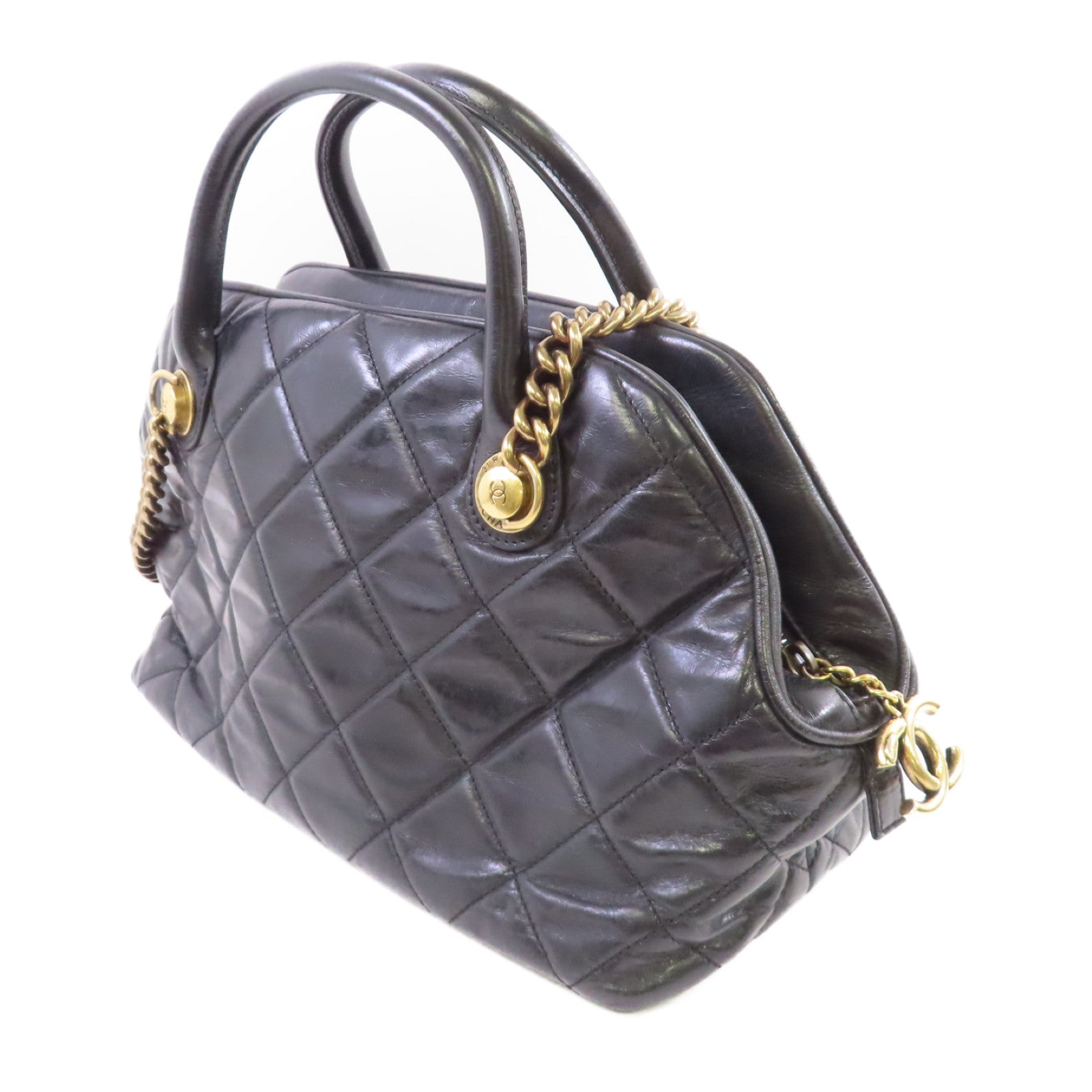 CHANEL 牛皮皮革2Way Chain Shoulder Bag金扣鏈帶手挽肩背袋兩用袋黑色