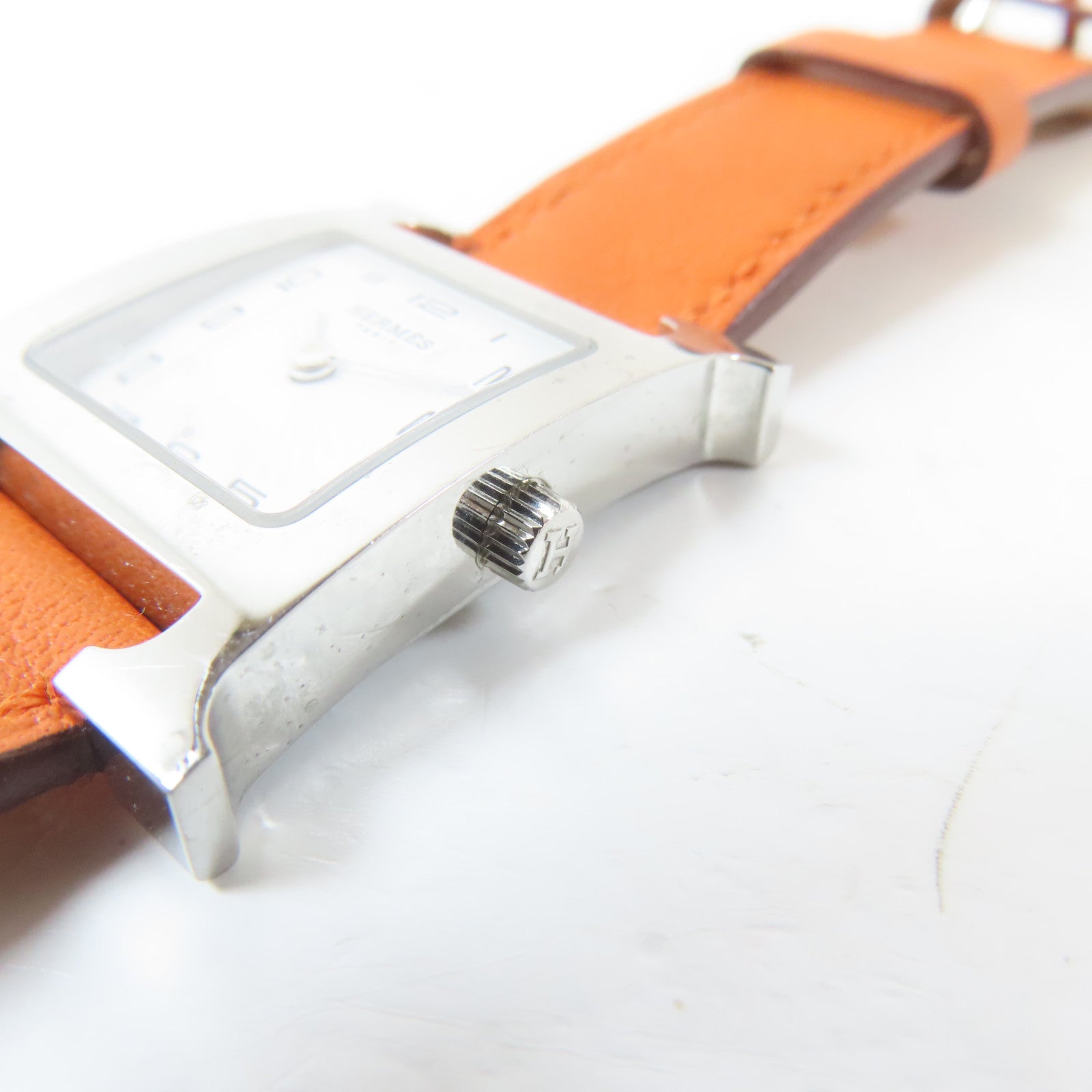 HERMES H watch不鏽鋼/皮革手錶石英機芯白色#16cm