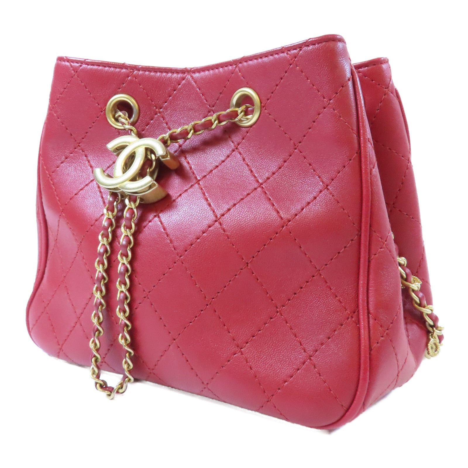 CHANEL 菱格牛皮皮革Chain Shoulder金扣鏈帶肩背袋紅色