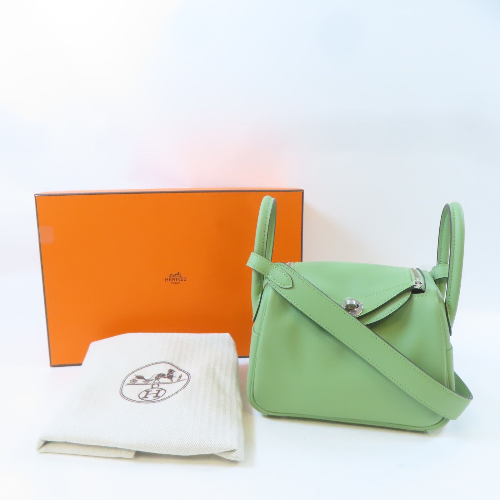 HERMES【激減優惠】 Swift皮革Mini Lindy銀扣手挽肩背兩用袋Vert Criquet/綠色