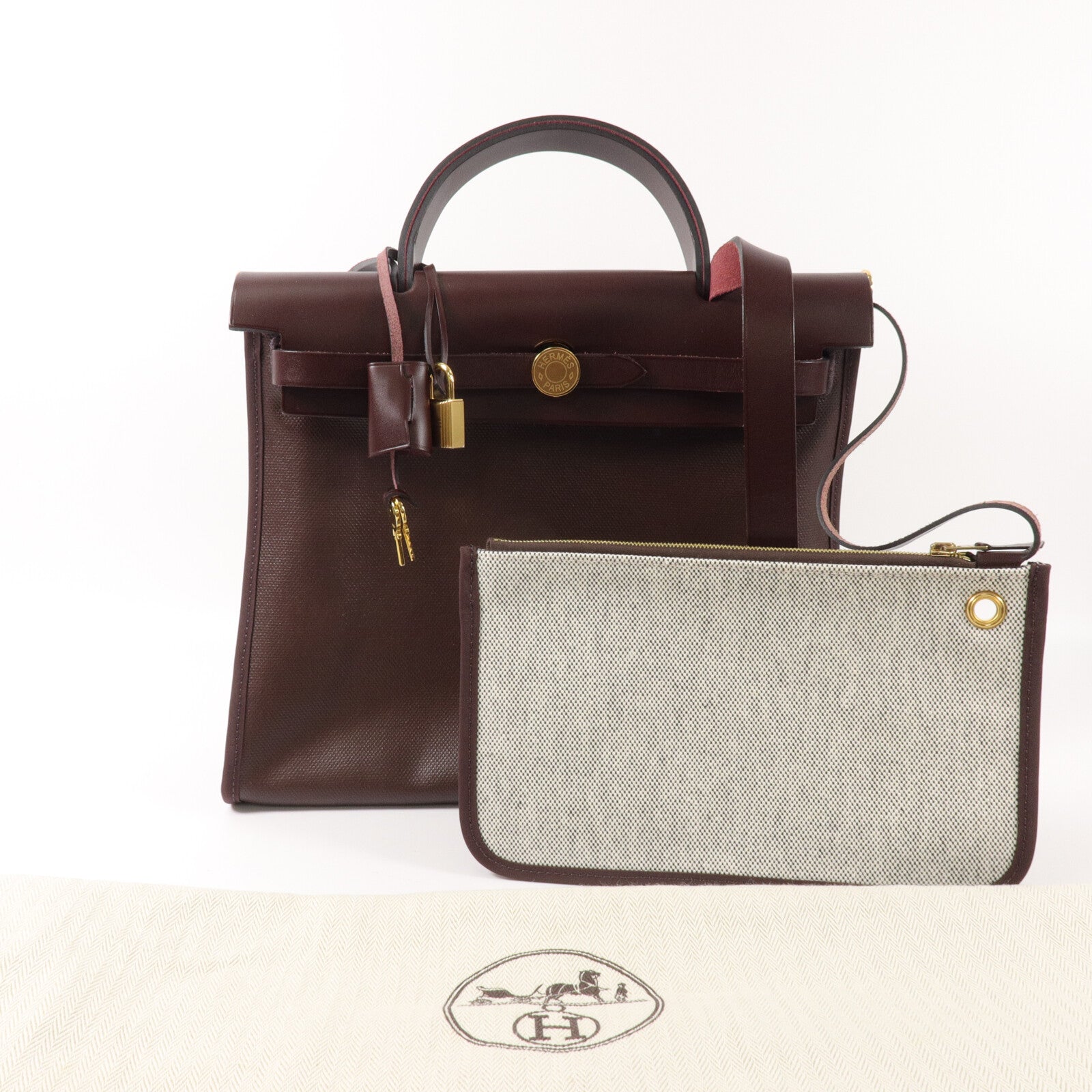 HERMES Toile H帆布/Vache Hunter皮革Herbag PM手挽肩背兩用袋Rouge Sellier