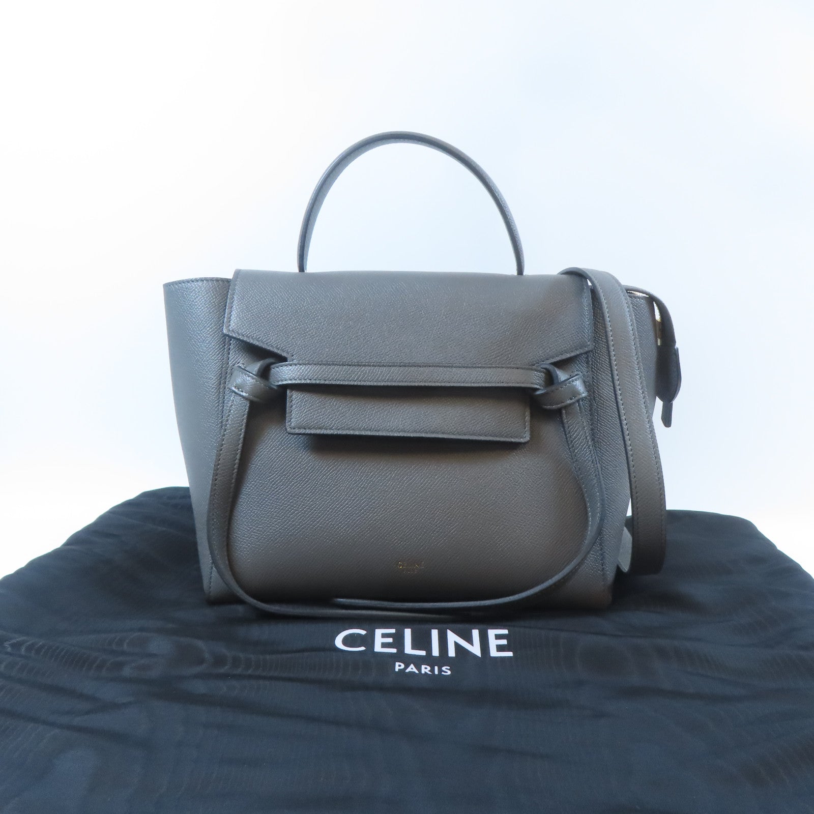 CELINE 牛皮皮革Belt Bag金扣手挽肩背兩用袋灰色