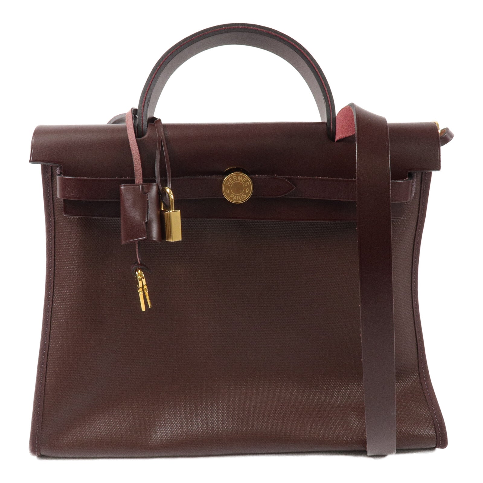 HERMES Toile H帆布/Vache Hunter皮革Herbag PM手挽肩背兩用袋Rouge Sellier