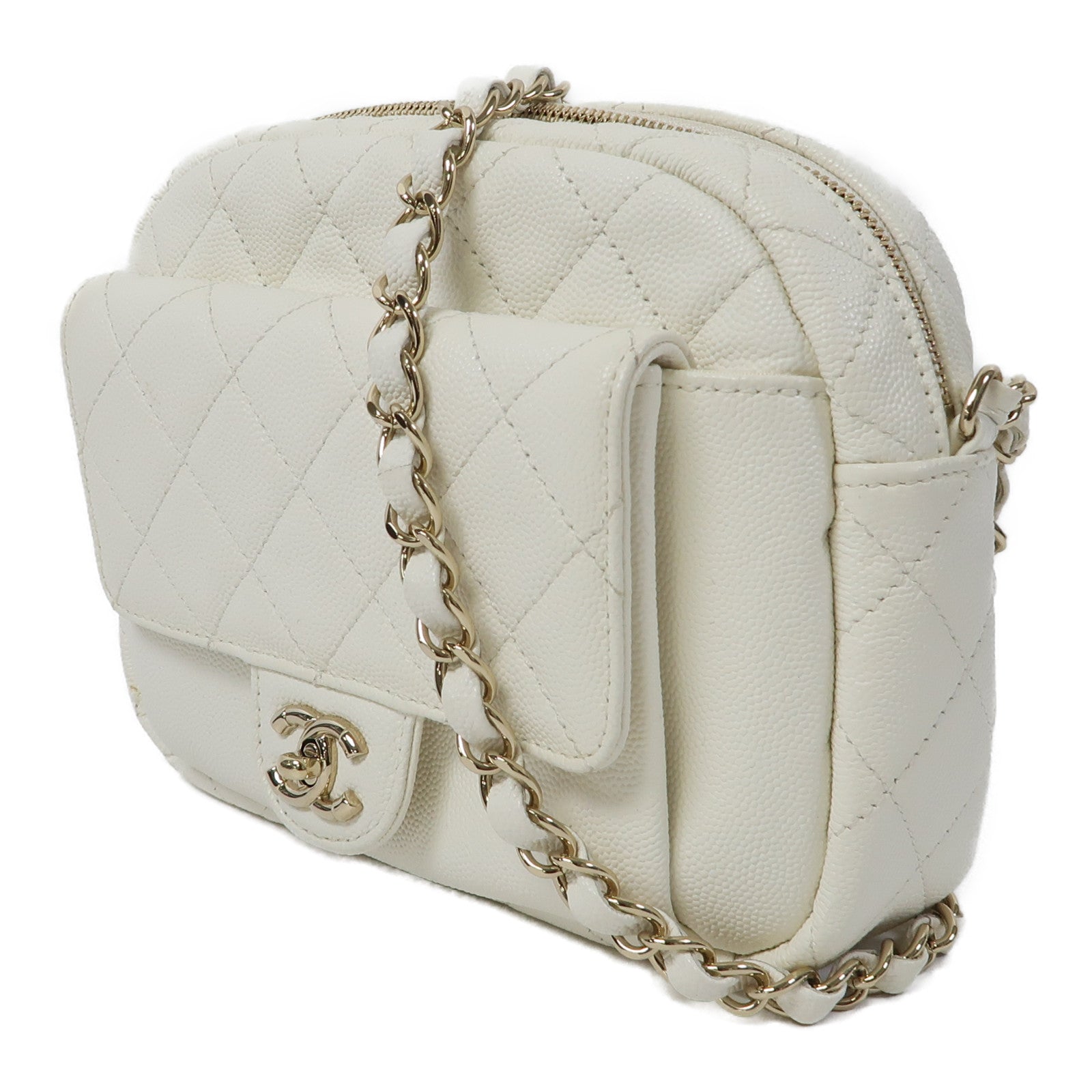 CHANEL 【激減優惠】菱格Caviar皮革Chain Shoulder Bag金扣鏈帶肩背袋白色