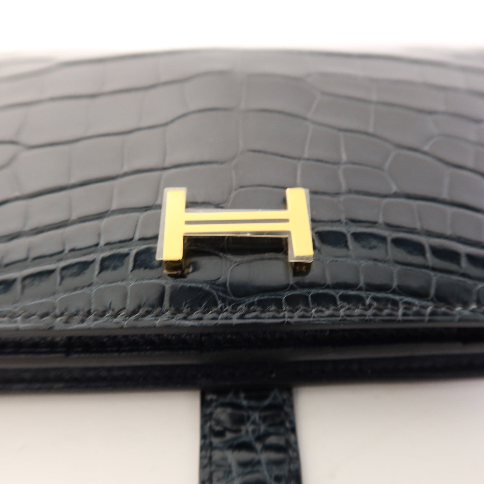 HERMES 鱷魚皮革Bearn Long Wallet金扣長錢包Bleu Indigo