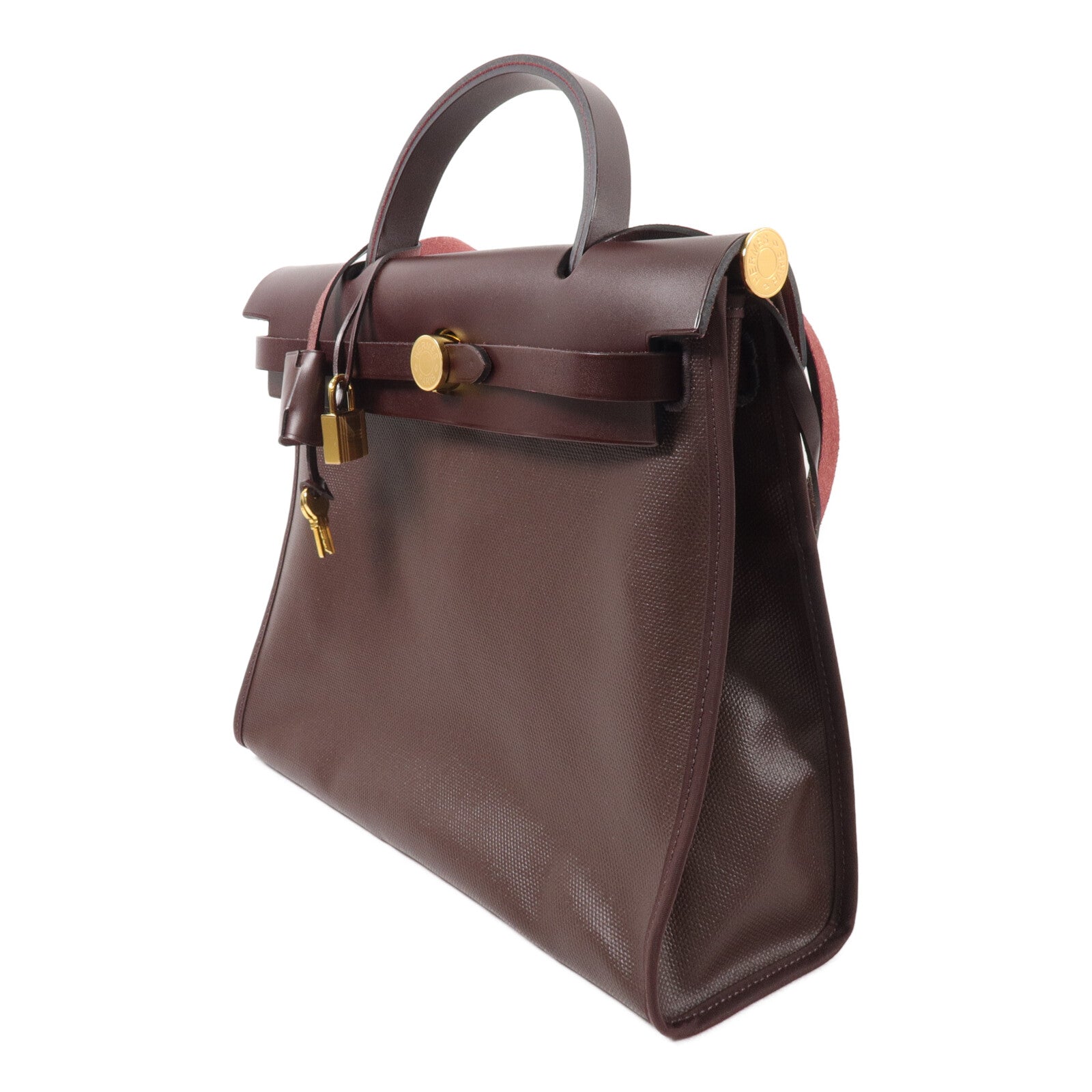 HERMES Toile H帆布/Vache Hunter皮革Herbag PM手挽肩背兩用袋Rouge Sellier