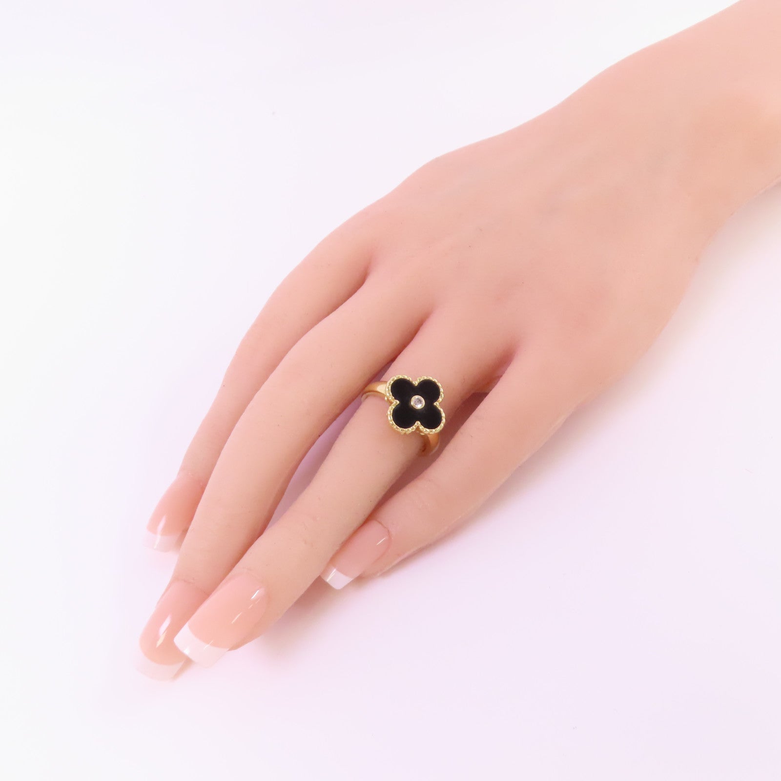 Van Cleef & Arpels 18K黃金/縞瑪瑙/鑽石Vintage Alhambra Diamond Onyx戒指#52/US#5.25