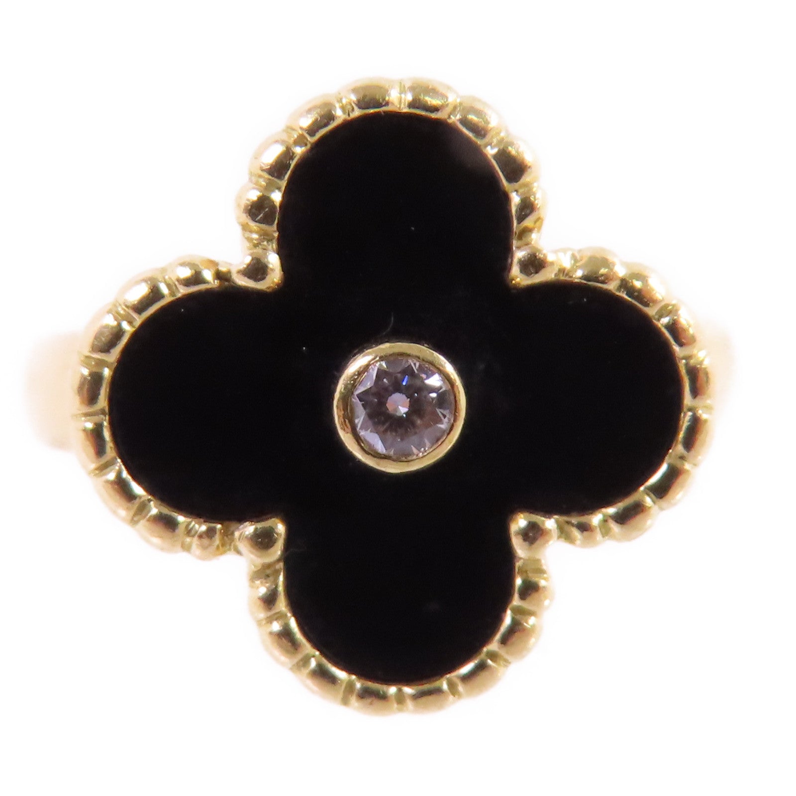 Van Cleef & Arpels 18K黃金/縞瑪瑙/鑽石Vintage Alhambra Diamond Onyx戒指#52/US#5.25