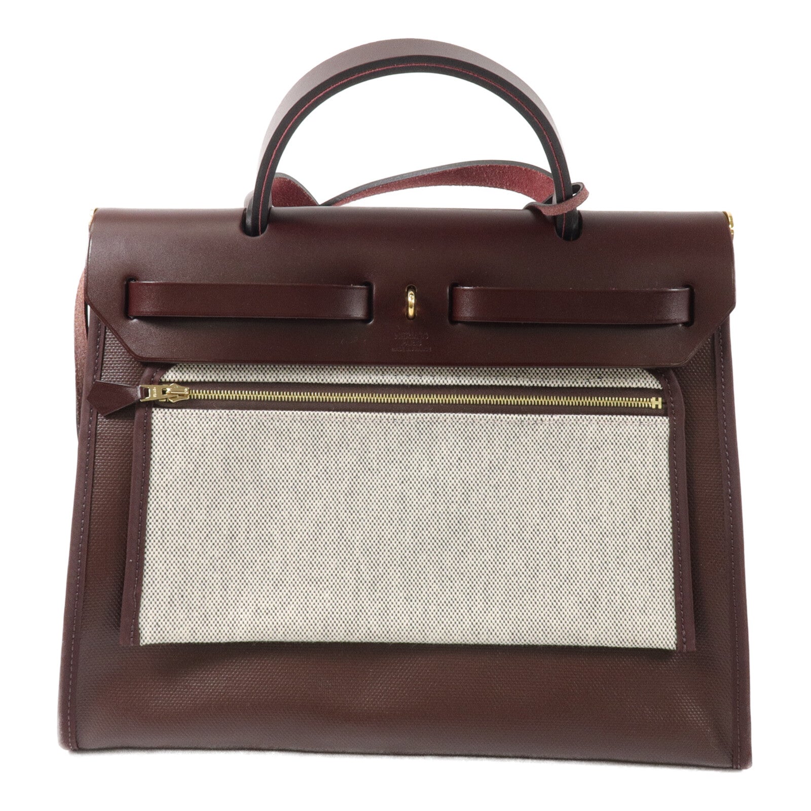 HERMES Toile H帆布/Vache Hunter皮革Herbag PM手挽肩背兩用袋Rouge Sellier