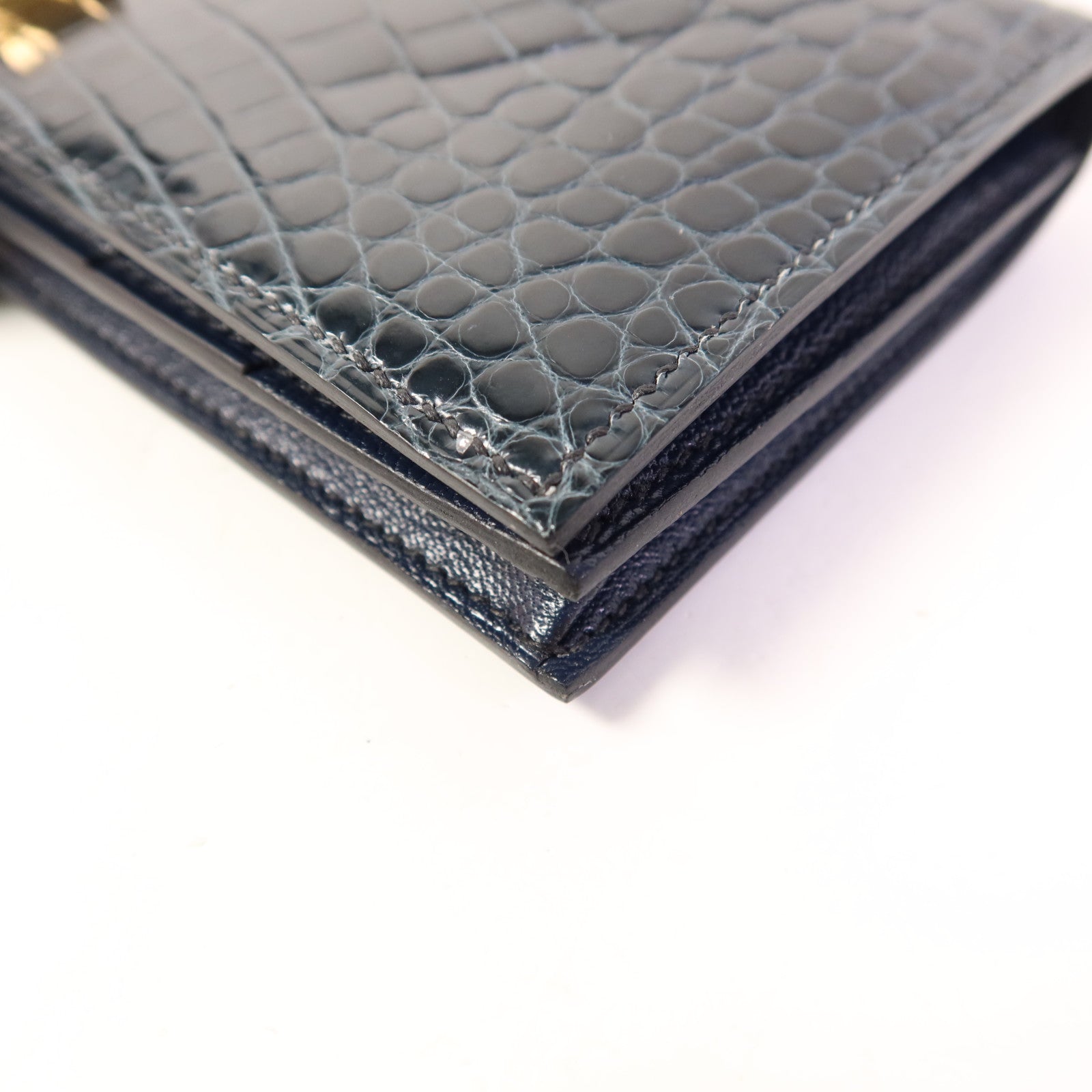 HERMES 鱷魚皮革Bearn Long Wallet金扣長錢包Bleu Indigo