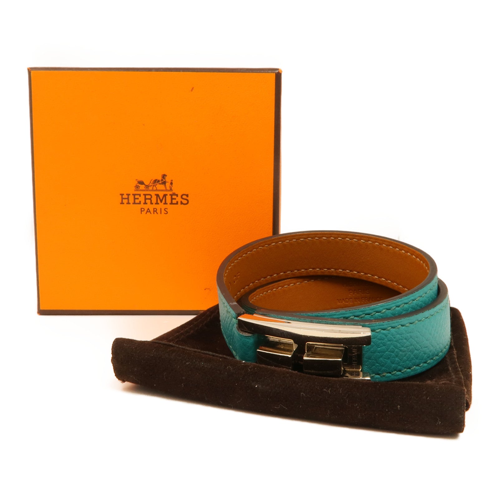 HERMES 【激減優惠】Epsom皮革Drag Double Bracelet銀扣手鏈Blue