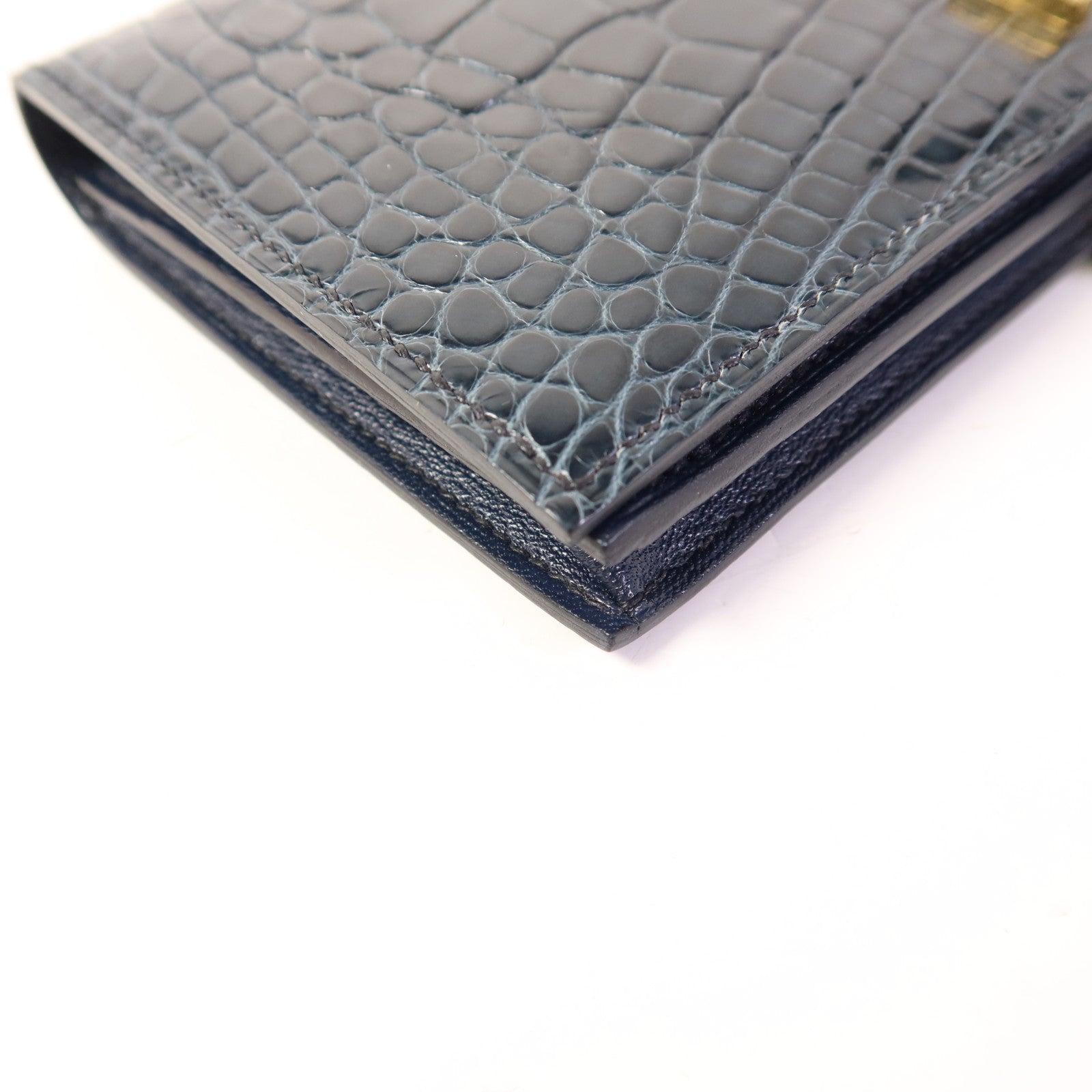 HERMES 鱷魚皮革Bearn Long Wallet金扣長錢包Bleu Indigo