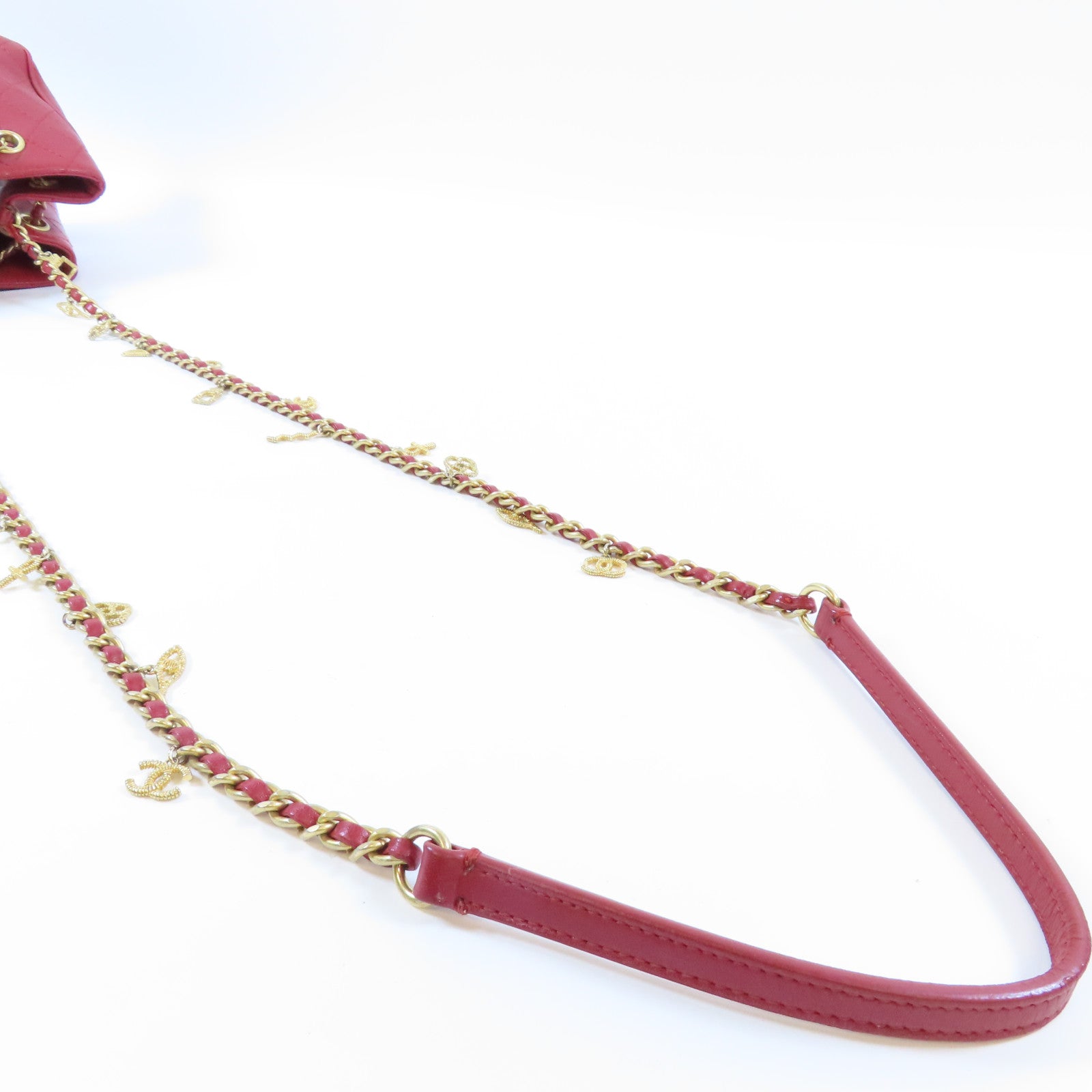 CHANEL 菱格牛皮皮革Chain Shoulder金扣鏈帶肩背袋紅色