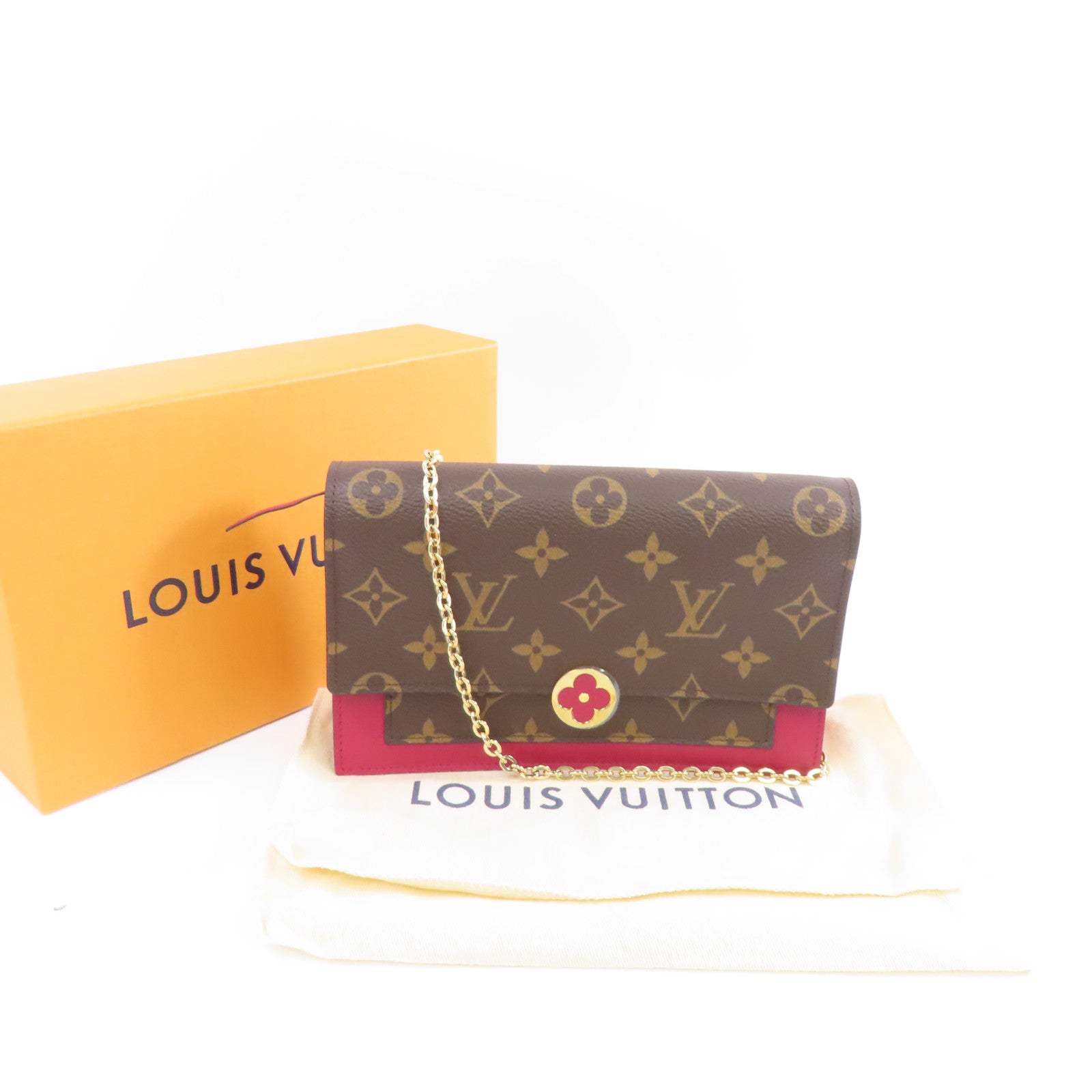 LOUIS VUITTON Monogram Flore金扣鏈帶肩背袋棕色/粉紅色