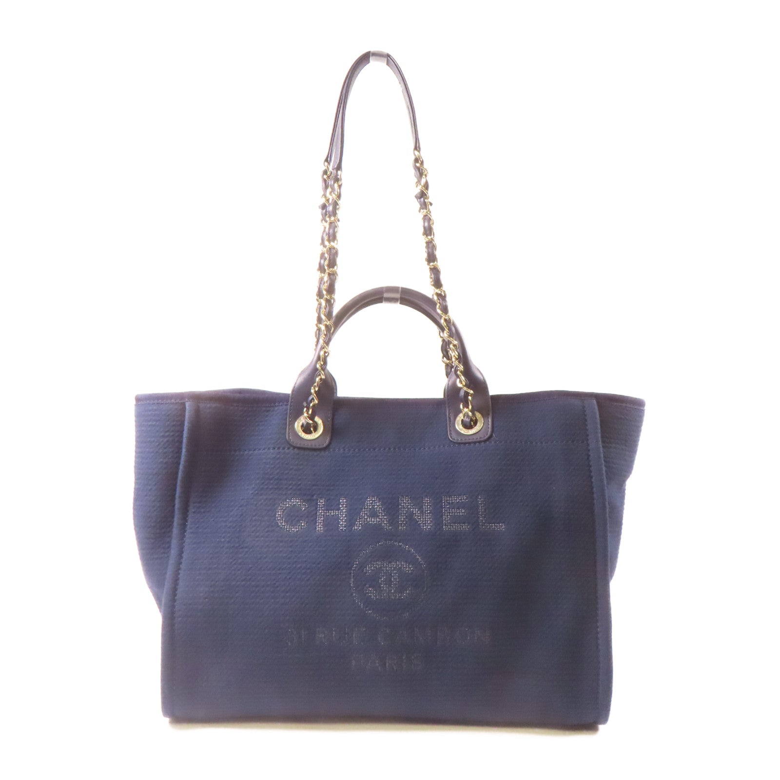 CHANEL 【激減優惠】帆布Deauville Tote銀扣手挽肩背兩用袋深藍色