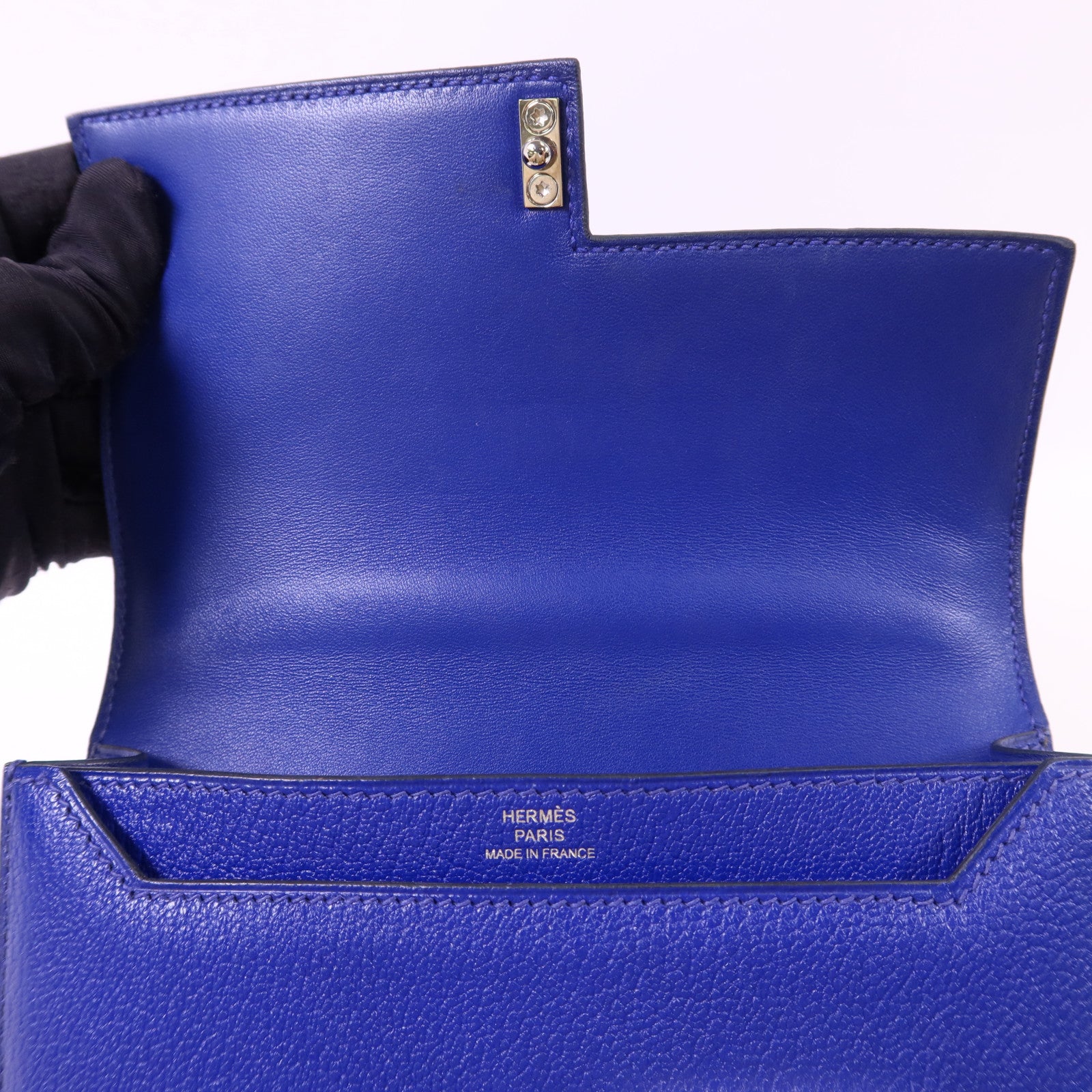 HERMES Chevre皮革Verrou Mini銀扣鏈帶肩背袋Bleu Electrique