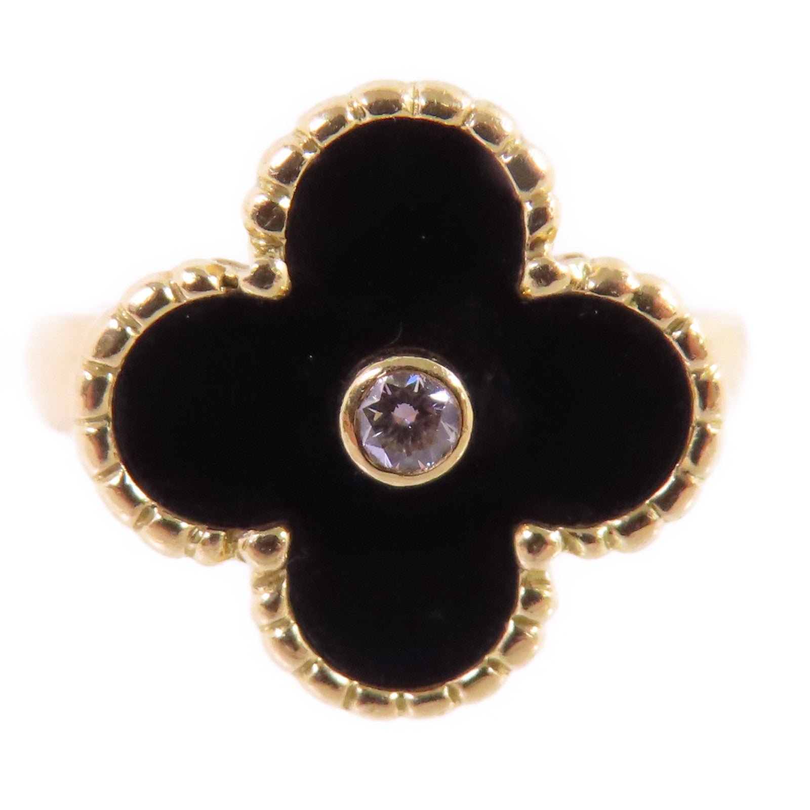 Van Cleef & Arpels 18K黃金/縞瑪瑙/鑽石Vintage Alhambra Diamond Onyx戒指#52/US#5.25