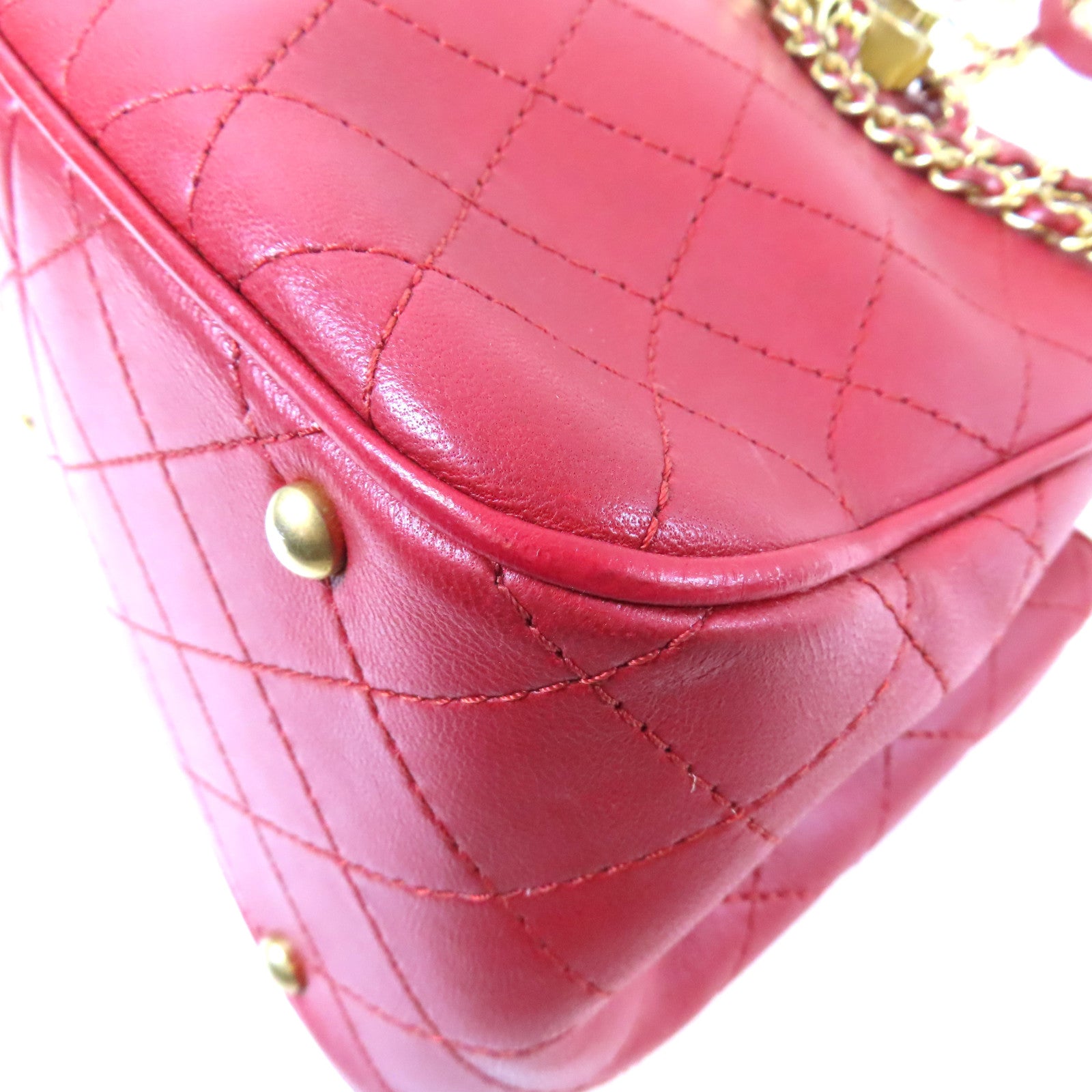CHANEL 菱格牛皮皮革Chain Shoulder金扣鏈帶肩背袋紅色