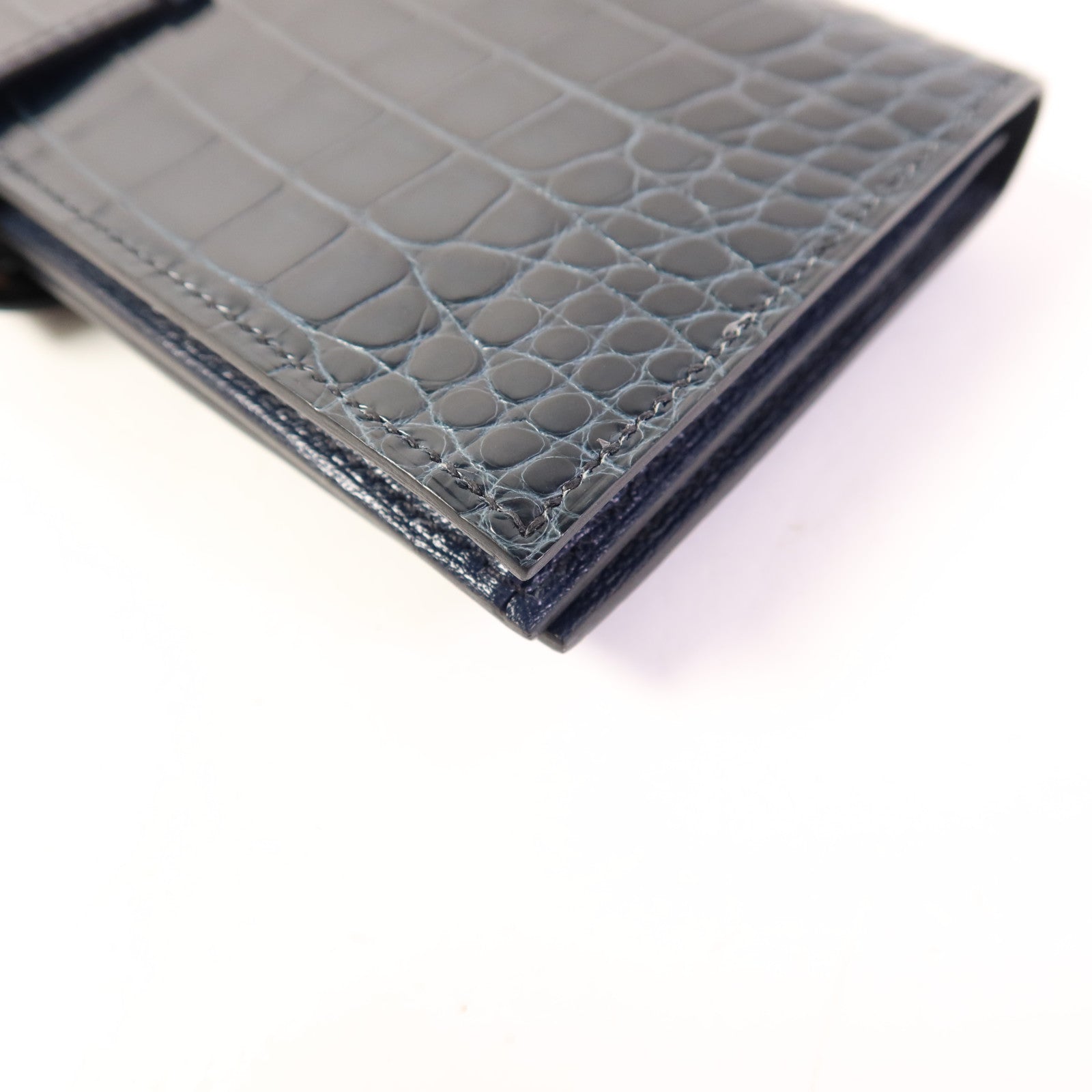 HERMES 鱷魚皮革Bearn Long Wallet金扣長錢包Bleu Indigo