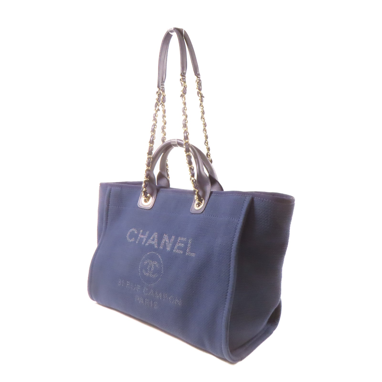 CHANEL 【激減優惠】帆布Deauville Tote銀扣手挽肩背兩用袋深藍色