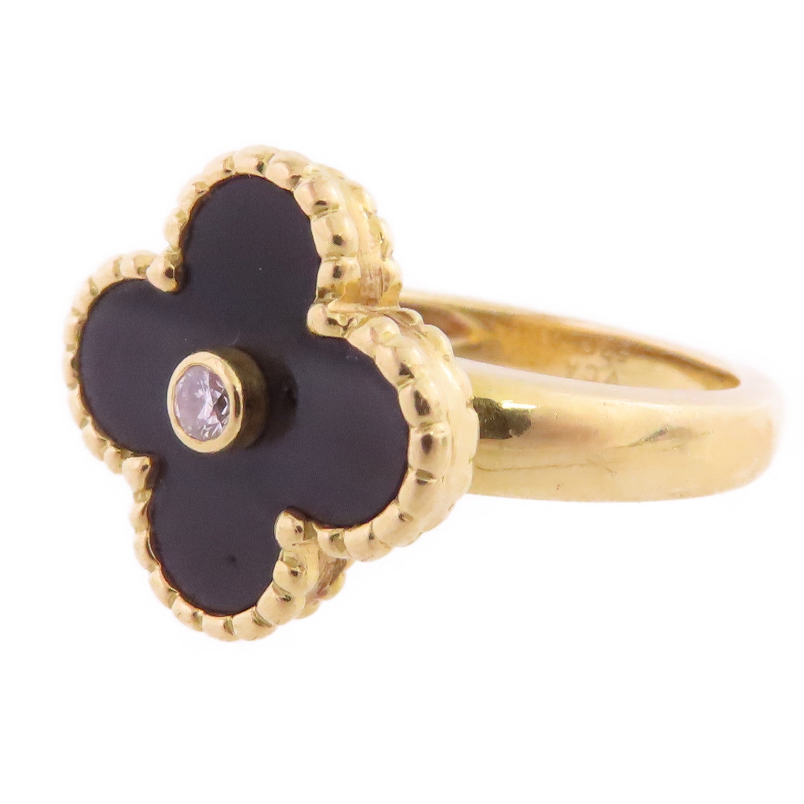 Van Cleef & Arpels 18K黃金/縞瑪瑙/鑽石Vintage Alhambra Diamond Onyx戒指#52/US#5.25