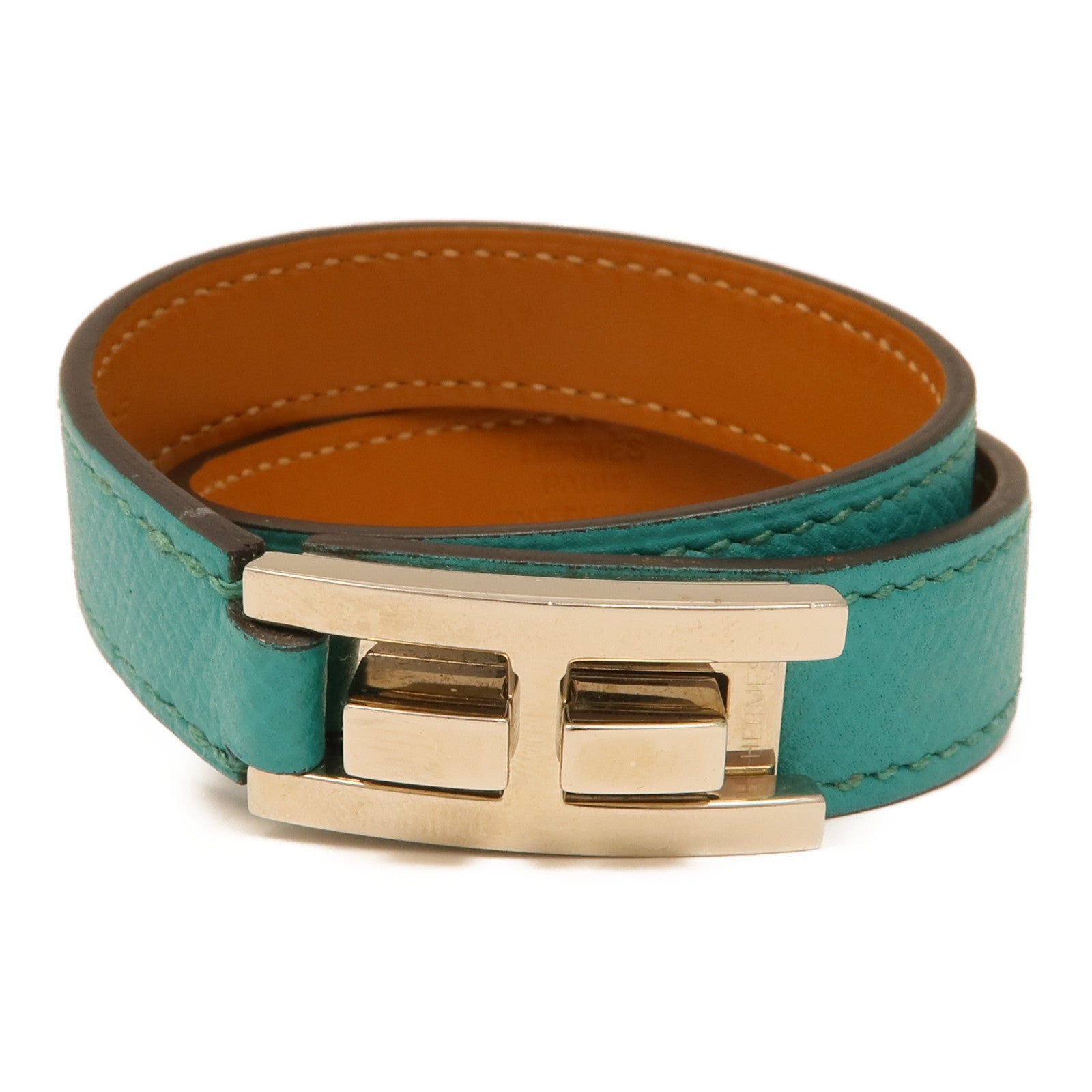 HERMES Epsom皮革Drag Double Bracelet銀扣手鏈Blue