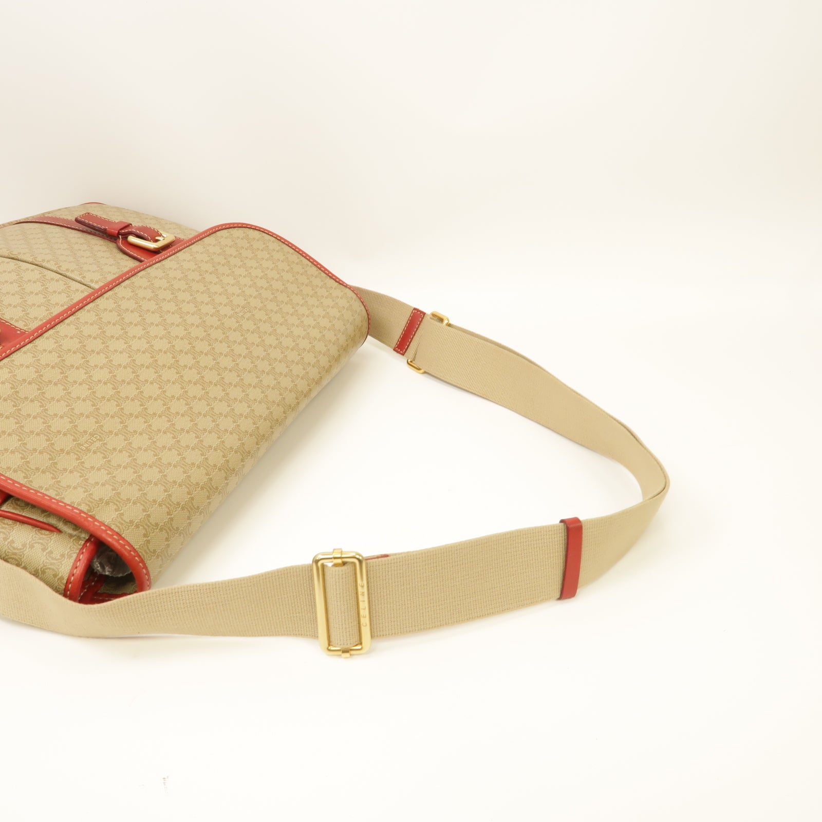 CELINE 塗層帆布Shoulder Bag金扣肩背袋紅色/米色