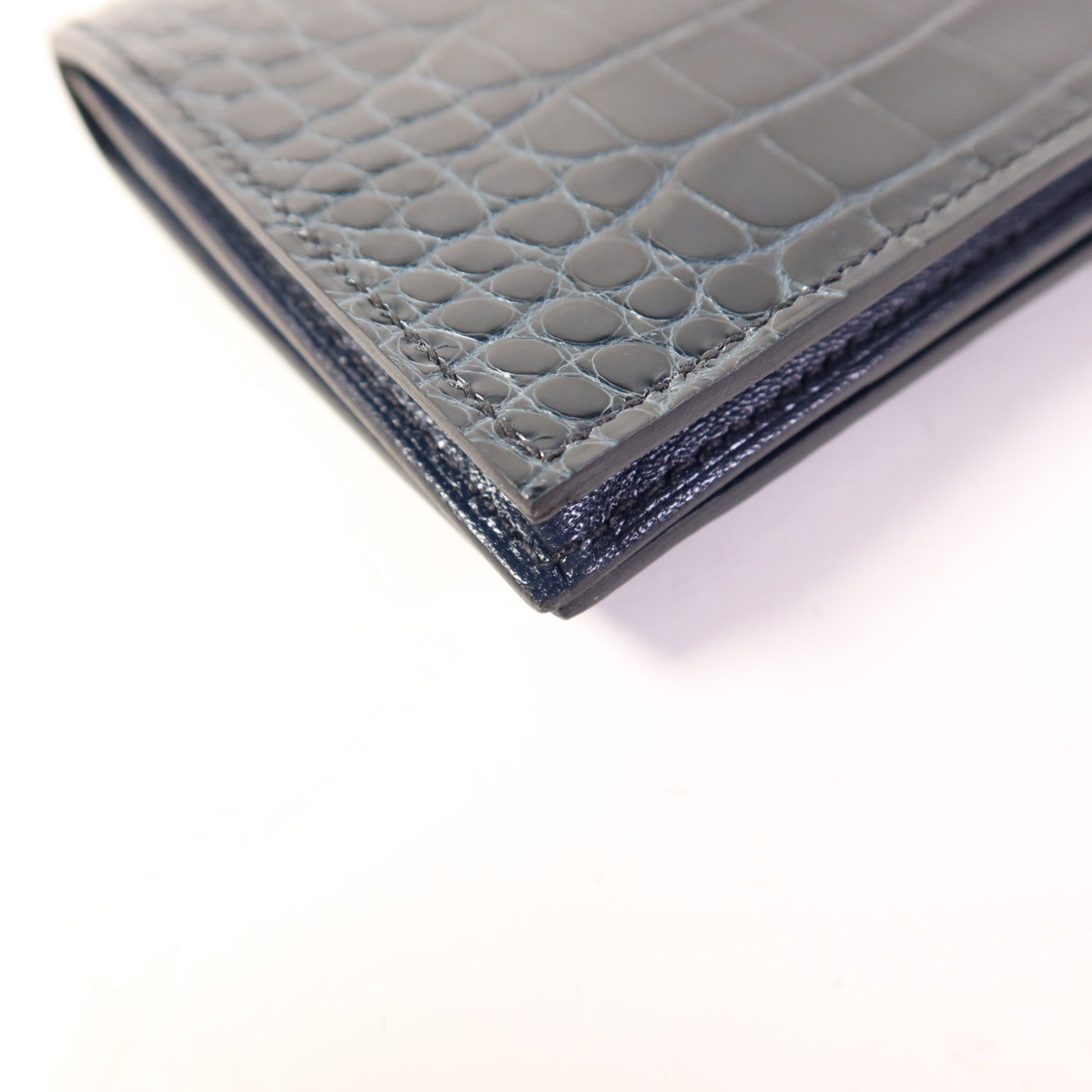 HERMES 鱷魚皮革Bearn Long Wallet金扣長錢包Bleu Indigo