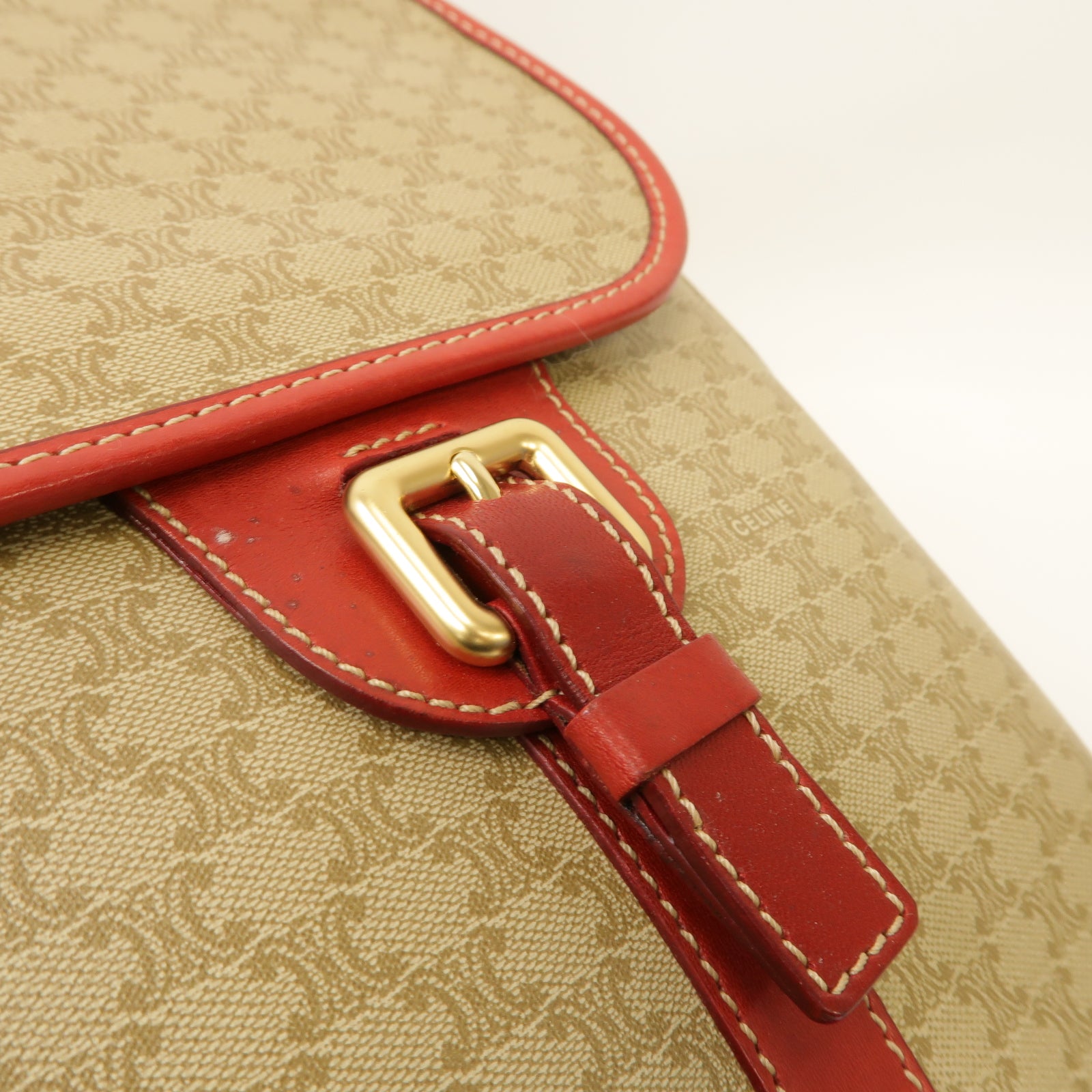 CELINE 塗層帆布Shoulder Bag金扣肩背袋紅色/米色