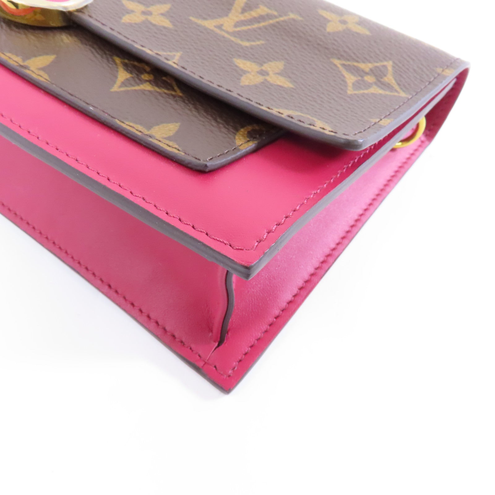 LOUIS VUITTON Monogram Flore金扣鏈帶肩背袋棕色/粉紅色