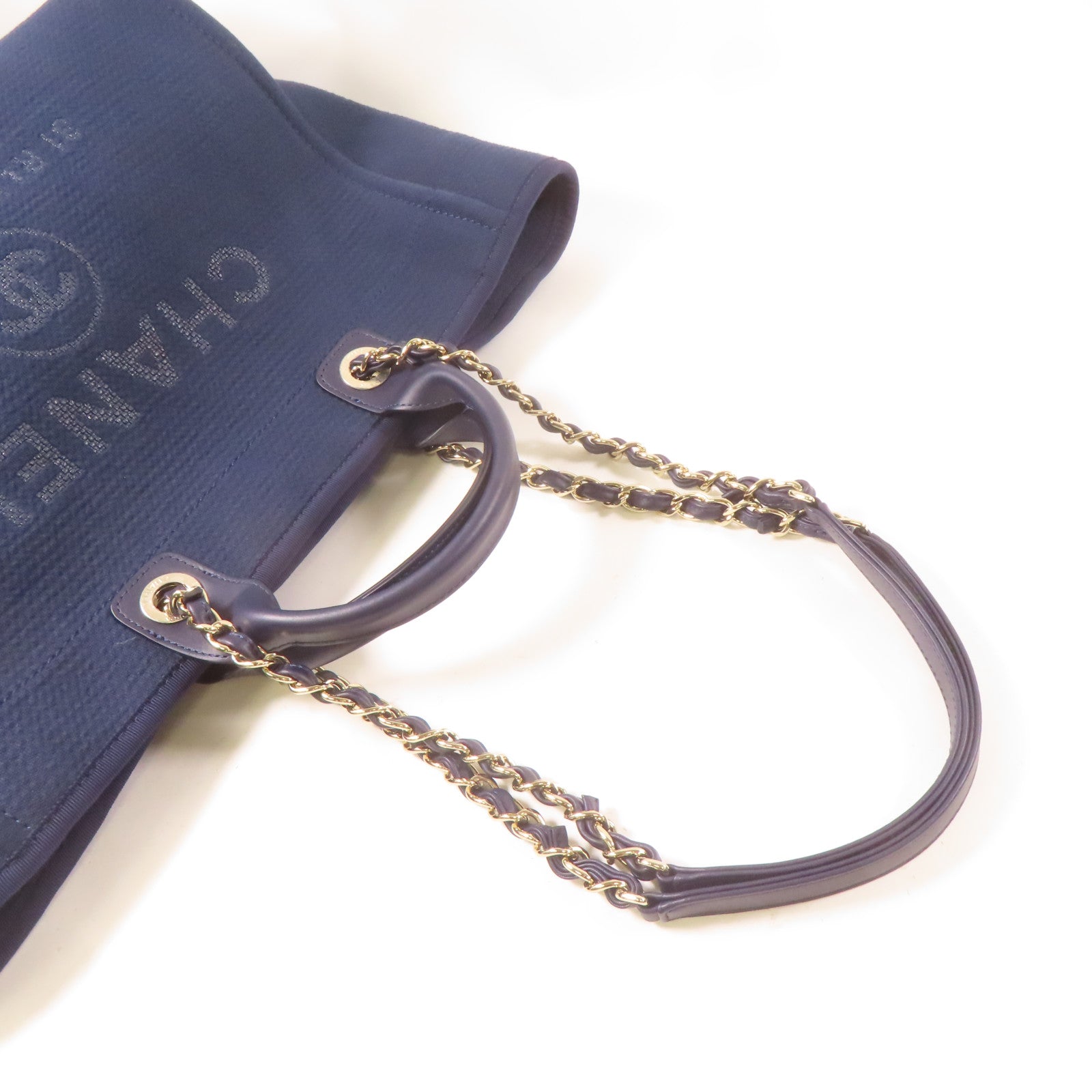 CHANEL 【激減優惠】帆布Deauville Tote銀扣手挽肩背兩用袋深藍色