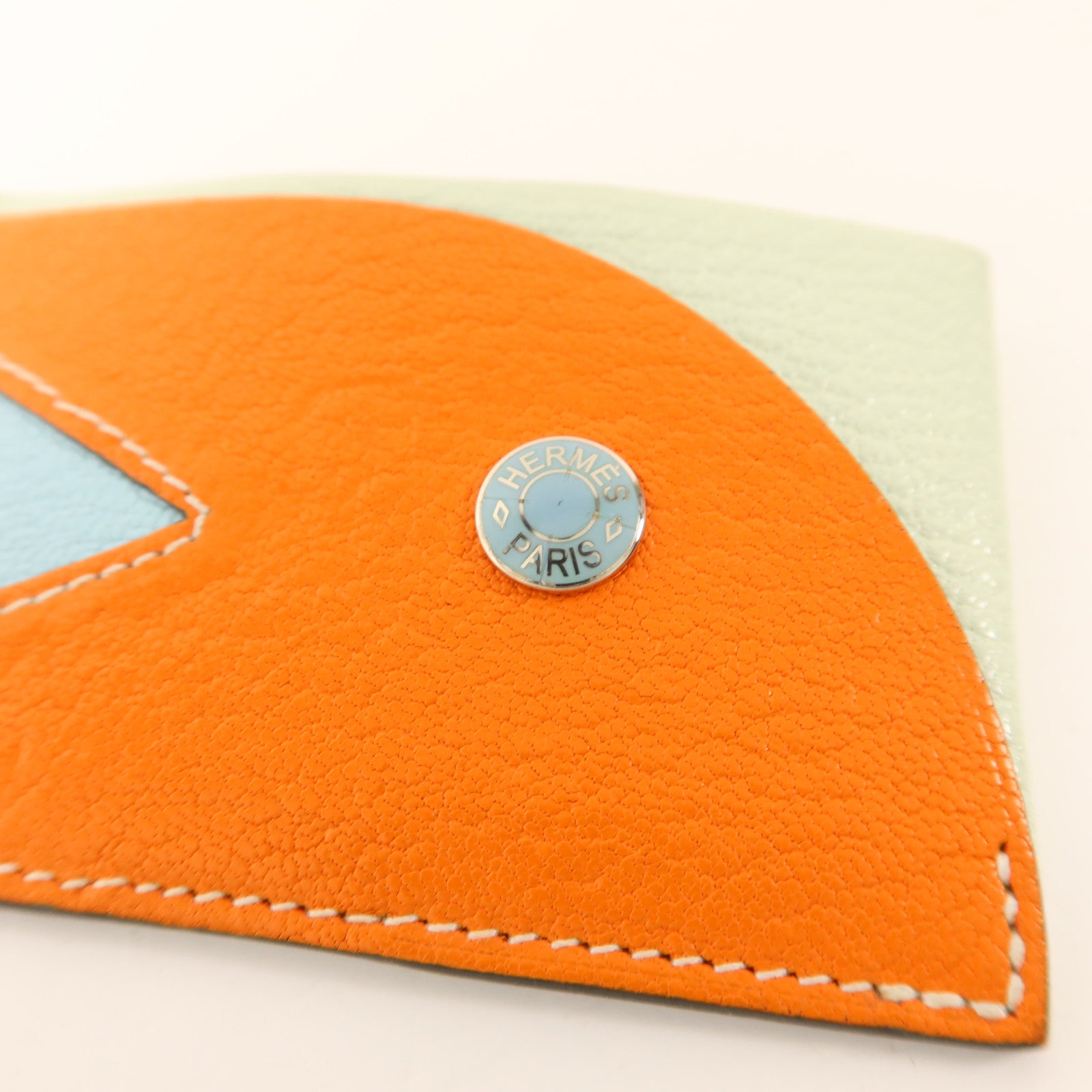 HERMES Chevre皮革Poisson卡片套Orange Poppy/Aqua