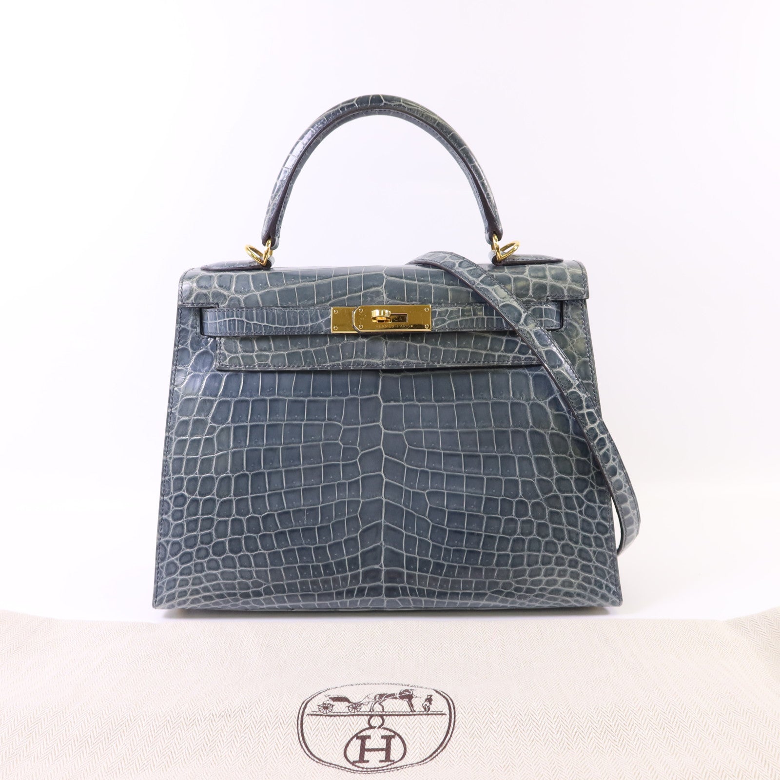 HERMES 【激減優惠】鱷魚皮革Kelly 28金扣手挽肩背兩用袋Bleu Orage