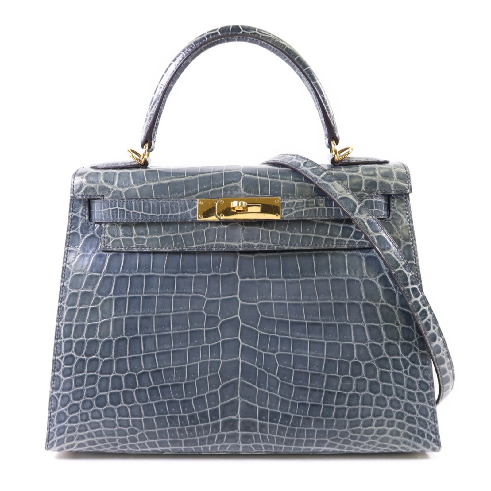HERMES 【激減優惠】鱷魚皮革Kelly 28金扣手挽肩背兩用袋Bleu Orage