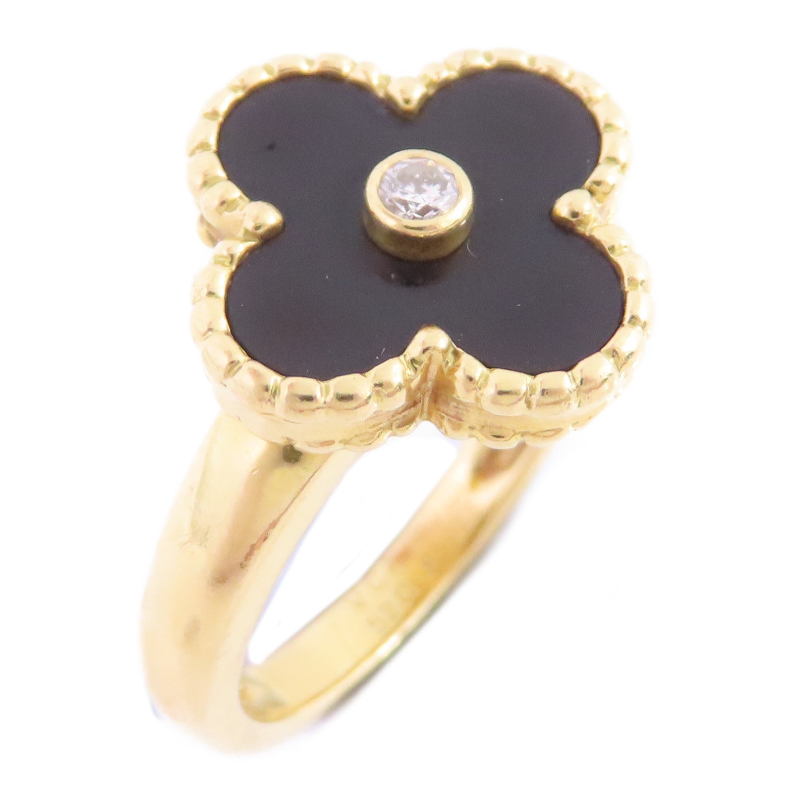 Van Cleef & Arpels 18K黃金/縞瑪瑙/鑽石Vintage Alhambra Diamond Onyx戒指#52/US#5.25