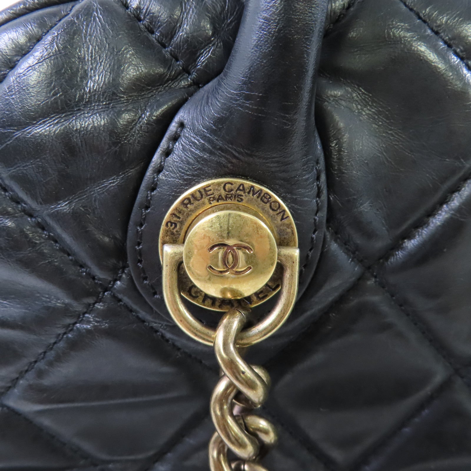CHANEL 牛皮皮革2Way Chain Shoulder Bag金扣鏈帶手挽肩背袋兩用袋黑色